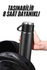 Termos Seti 3'lü Bardak Seti Isı Dayanıklı Siyah Paslanmaz Çelik Vakumlu