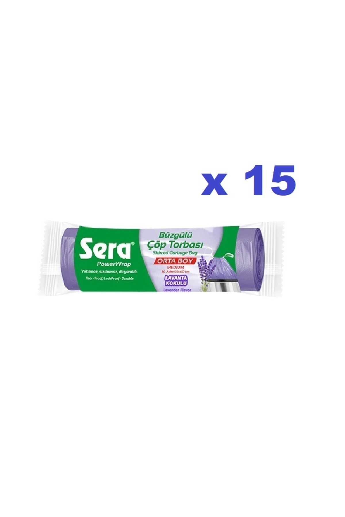 Sera Çöp Torbası Büzgülü Lavanta Kokulu Orta Boy 10 Lu 55 x 60 Cm x 15 Paket