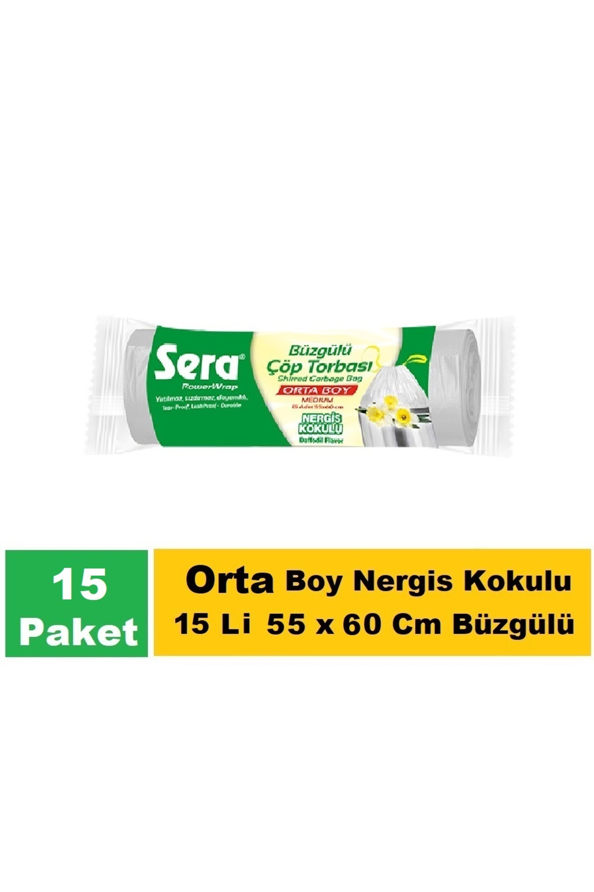 Sera Çöp Torbası Büzgülü Nergis Kokulu Orta Boy 15 Li 55 x 60 Cm x 15 Paket