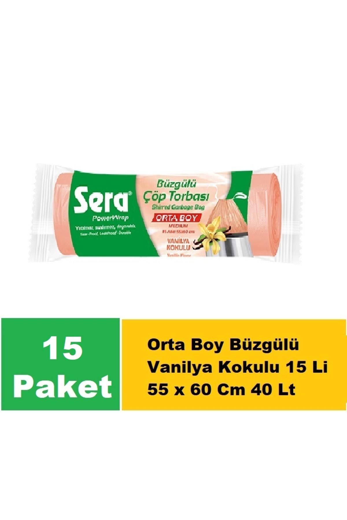 Sera Çöp Torbası Büzgülü Vanilya Kokulu Orta Boy 15 Li 55 x 60 Cm x 15 Paket