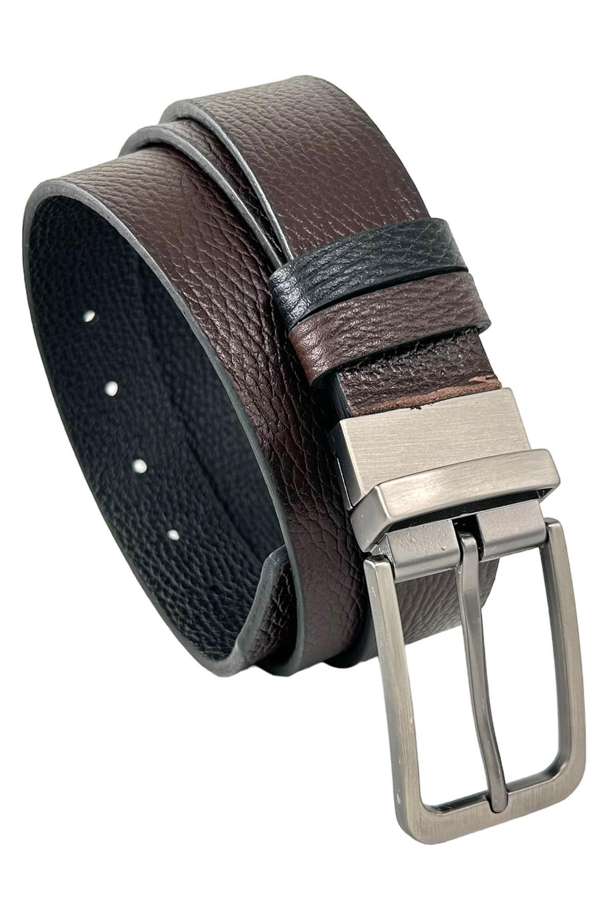 Kahvrengi Siyah Çift Taraflı Hakiki Deri 3.5 Cm.lik Klasik Kemer - 300-809