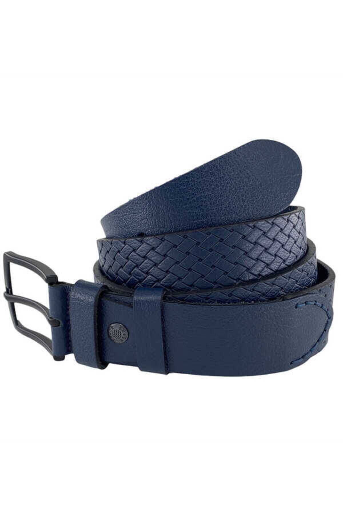 Lacivert Hakiki Deri Özel Üretim 3 Parçalı El Işçilikli 4 Cm.lik Spor Kot Kemer - 405-999