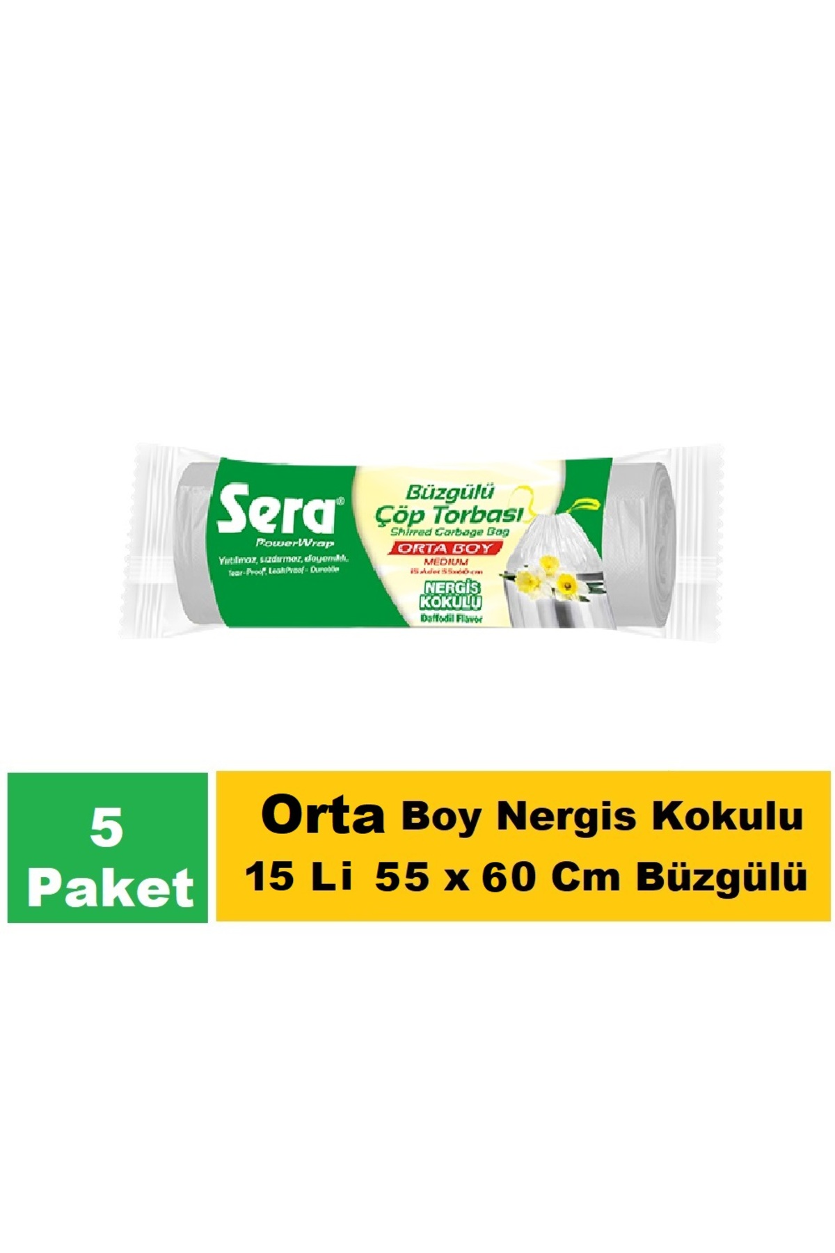 Sera Çöp Torbası Büzgülü Nergis Kokulu Orta Boy 15 Li 55 x 60 Cm x 5 Paket