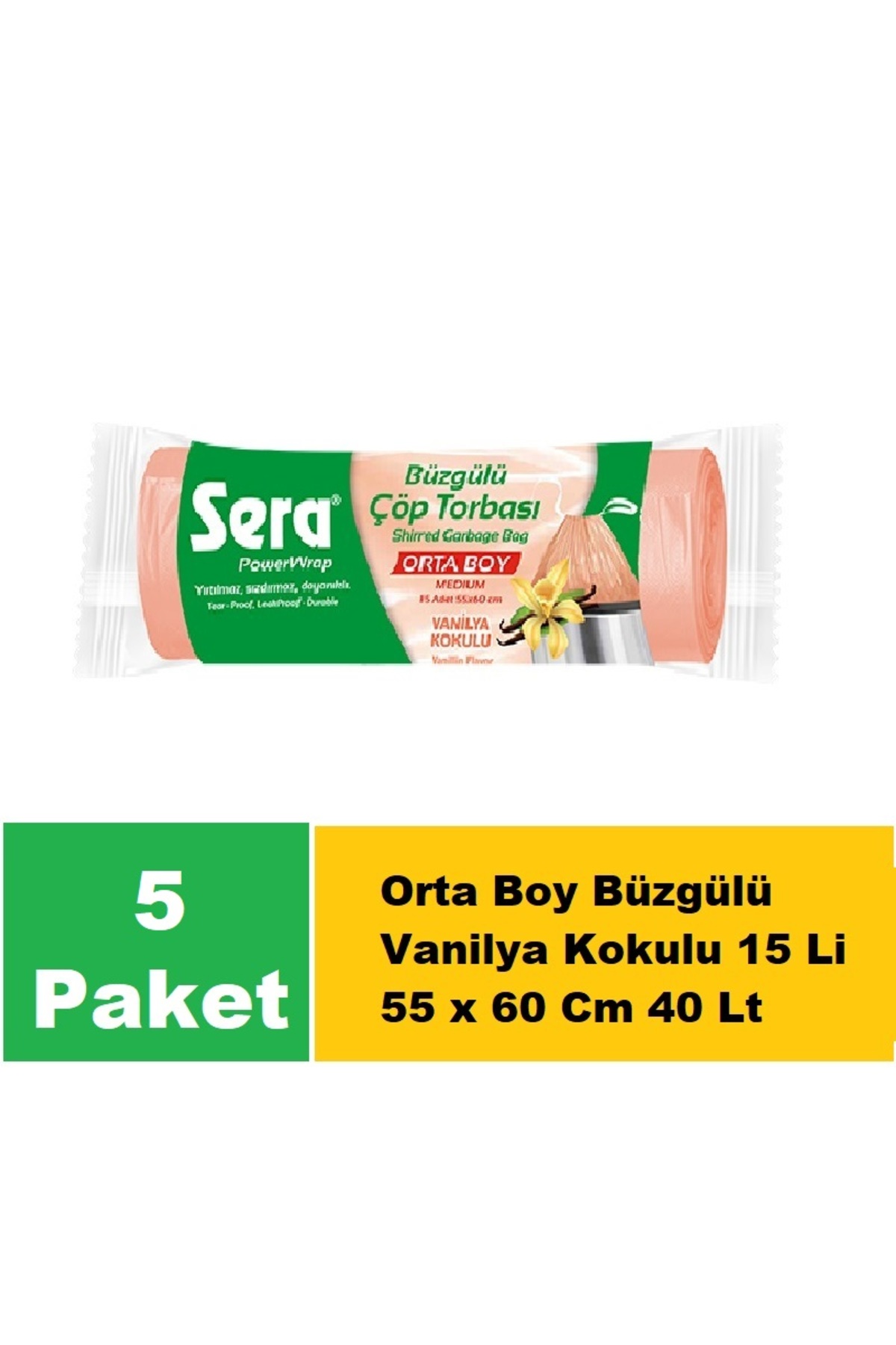 Sera Çöp Torbası Büzgülü Vanilya Kokulu Orta Boy 15 Li 55 x 60 Cm x 5 Paket