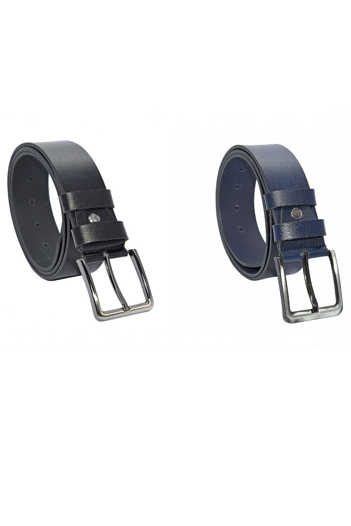 2 Adet X 4.5 Cm. Spor Hakiki Deri Düz Model Kemer Lacivert Ve Siyah