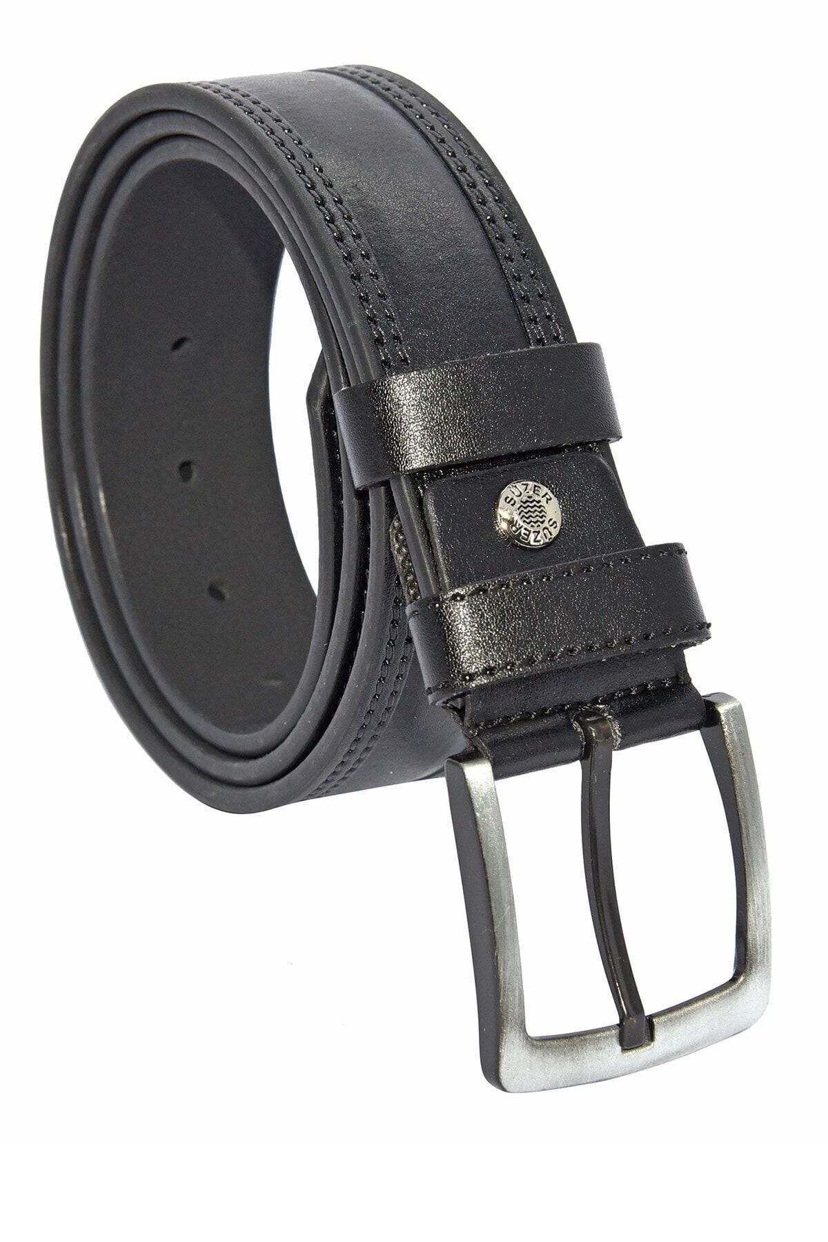 * 4 Cm. Spor Suni Deri Çift Dikişli Model Kemer Siyah