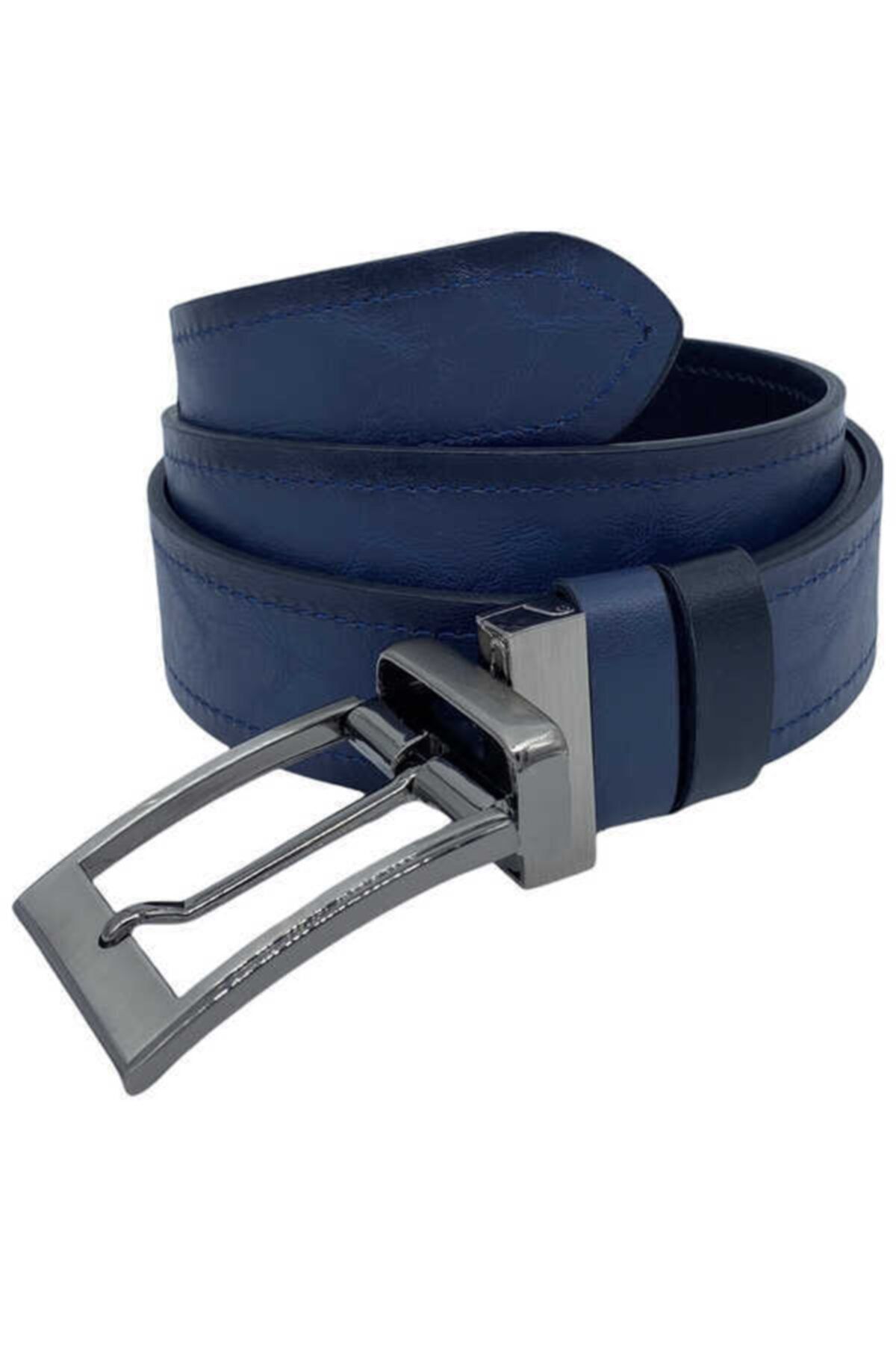 Lacivert / Siyah Çift Taraflı Suni Deri 4 Cm.lik Spor Kemer - 7110-49-22k-11