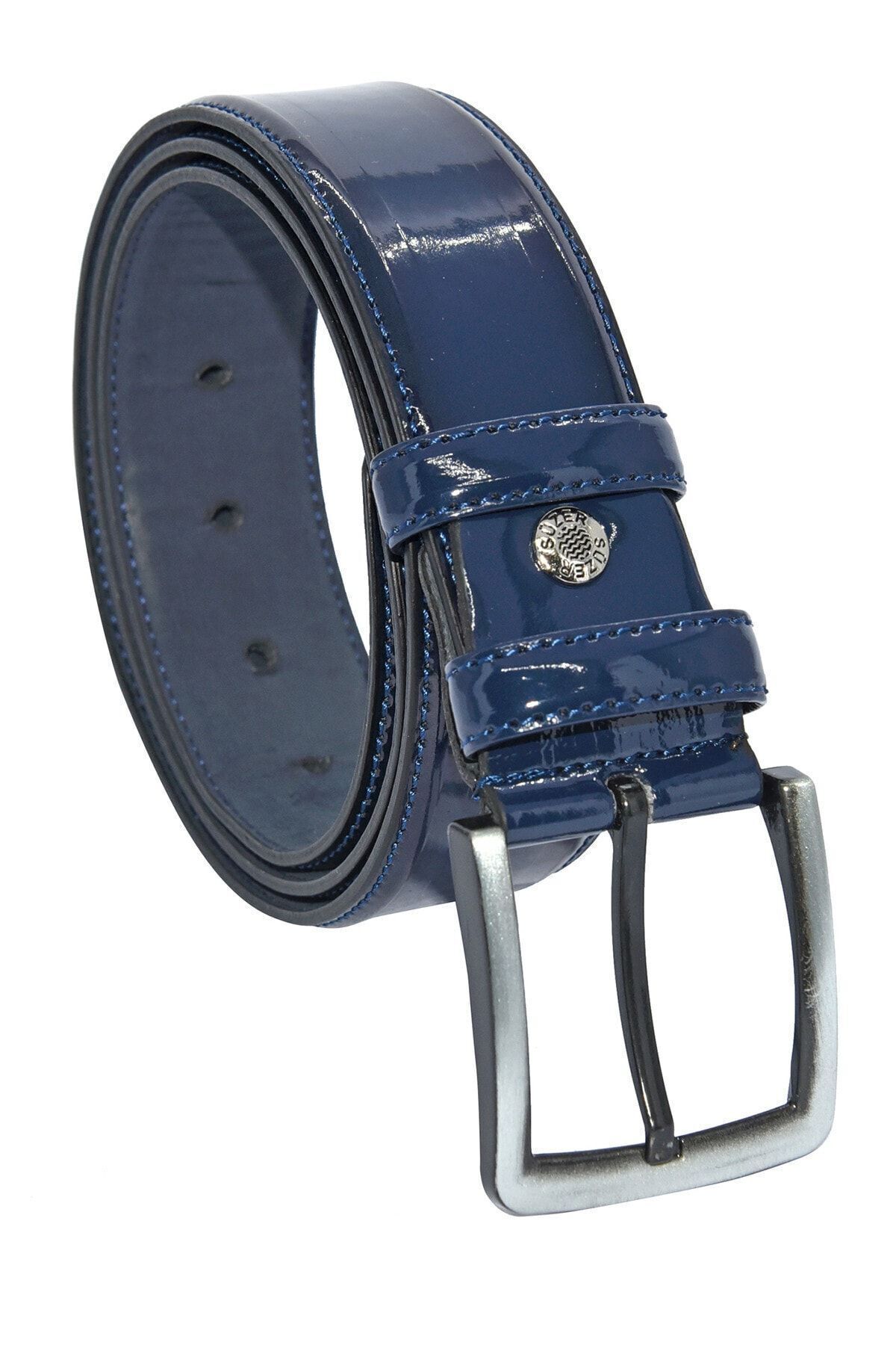 Lacivert Rugan Suni Deri Dikişli 4 Cm.lik Klasik Kemer - 7400-95