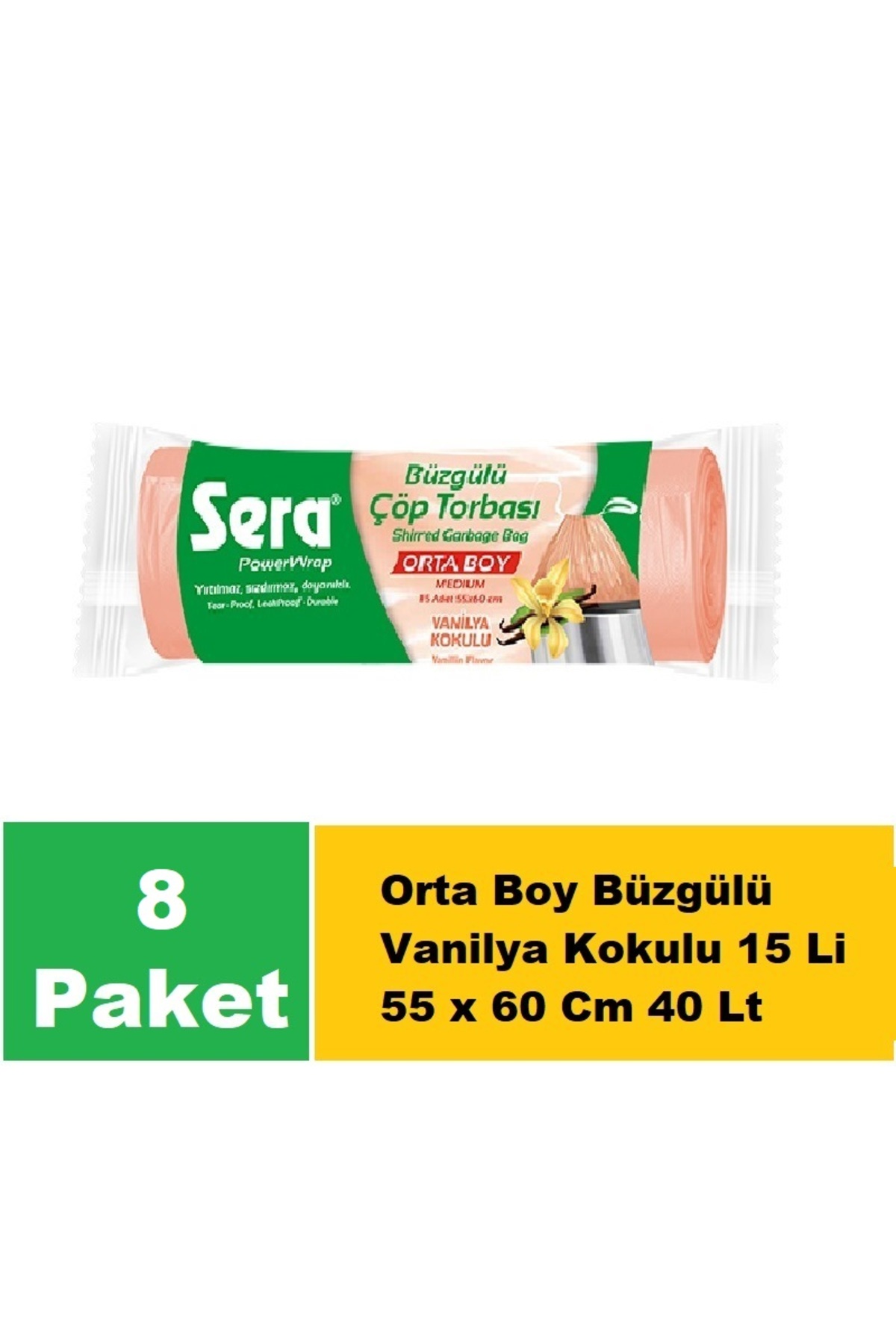 Sera Çöp Torbası Büzgülü Vanilya Kokulu Orta Boy 15 Li 55 x 60 Cm x 8 Paket