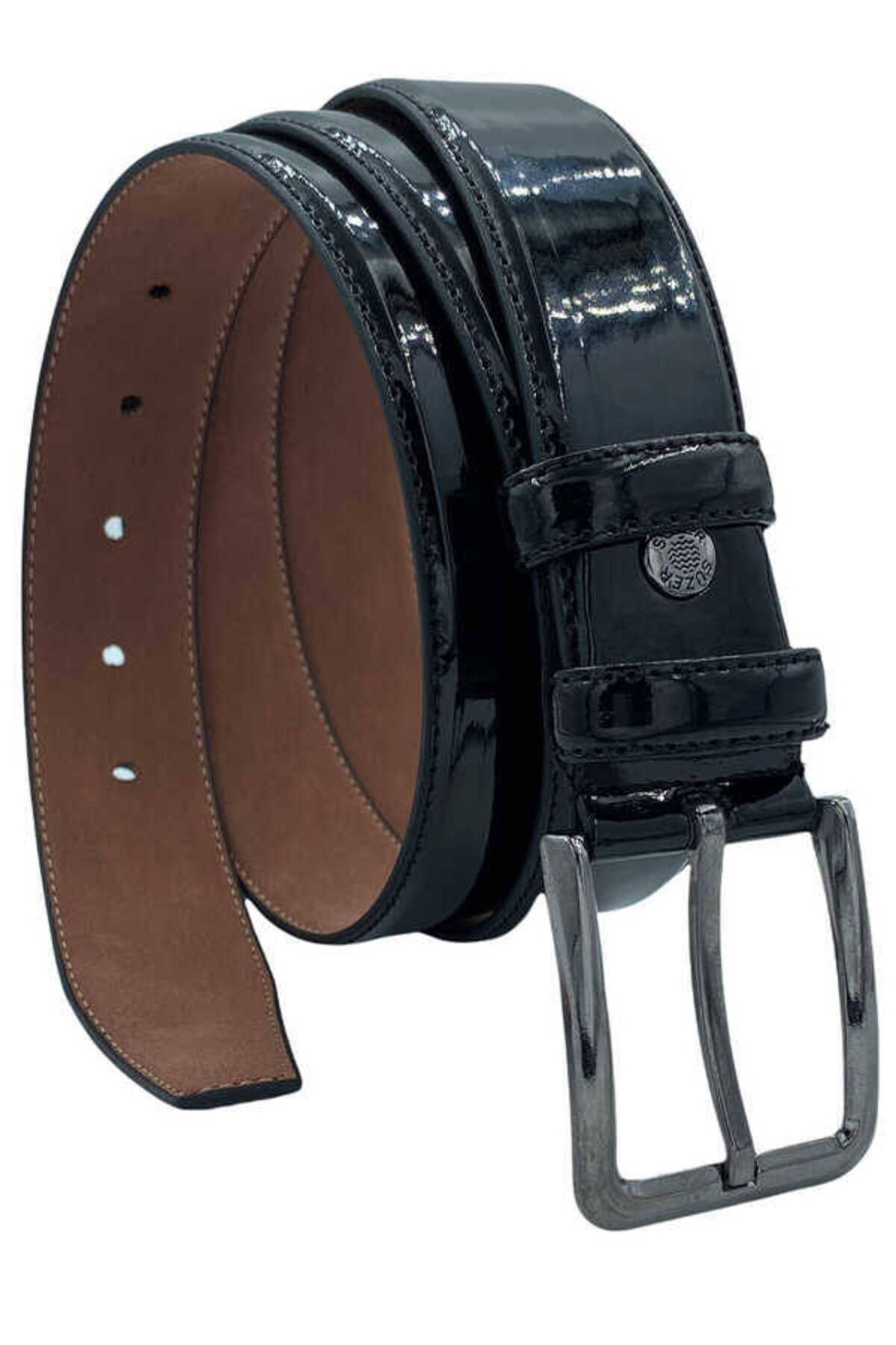 Siyah Rugan Suni Deri Düz Model Dikişli 3.5 Cm.lik Klasik Kemer - 8001-düz-22k-e