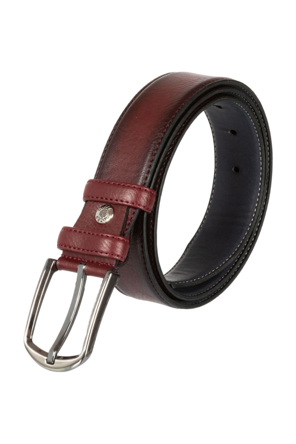 3.5 cm Klasik Suni Deri Dikişli Model Kemer Bordo