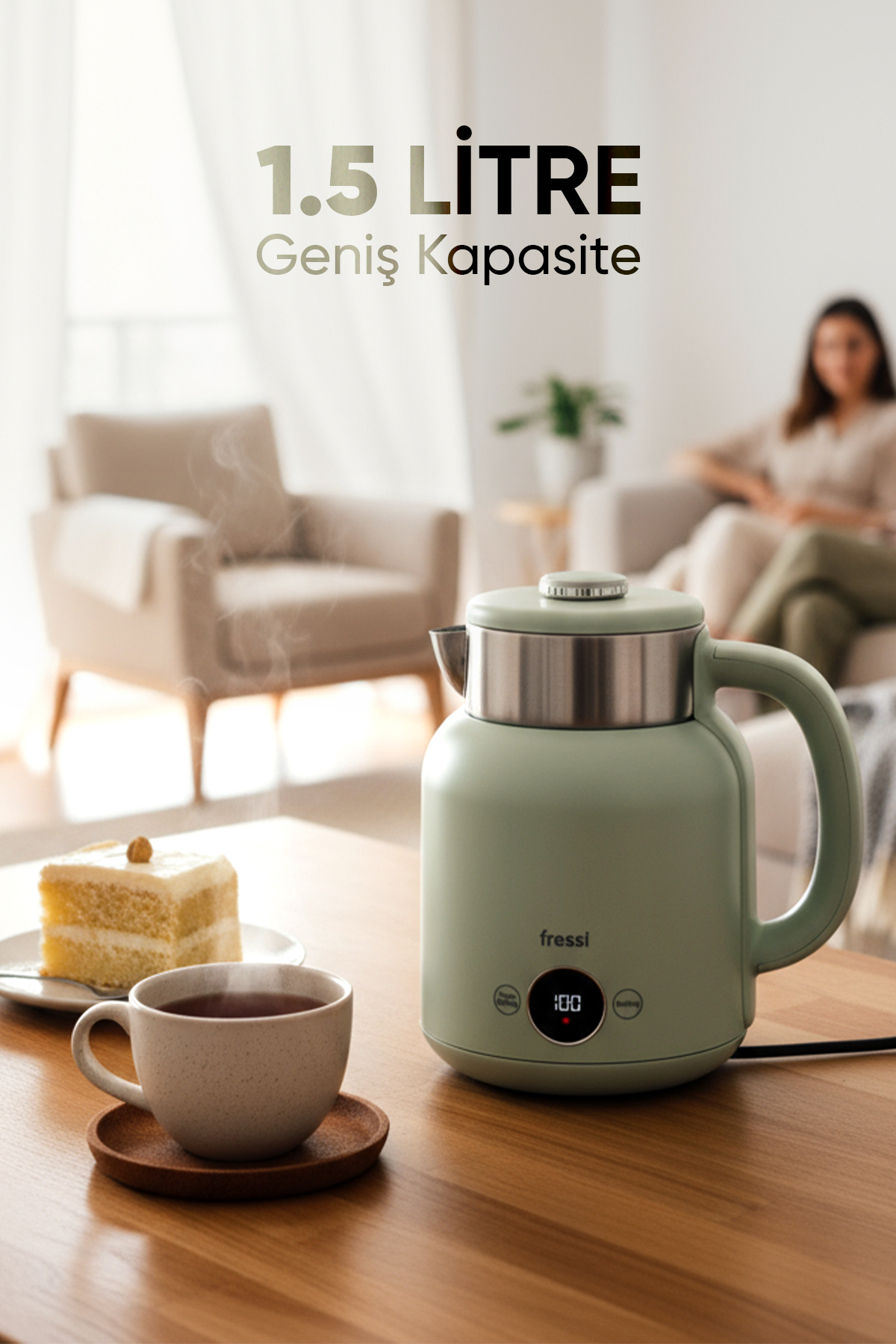 Elektrikli Su Isıtıcı Kettle Çelik Hazne Retro 1.5 L Su Yeşili Kt-01 Retrofi