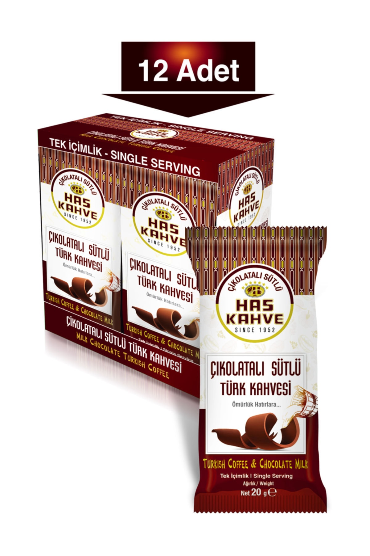 Has Tek Içimlik Çikolatalı Sütlü Türk Kahvesi 12li Paket 20 gr