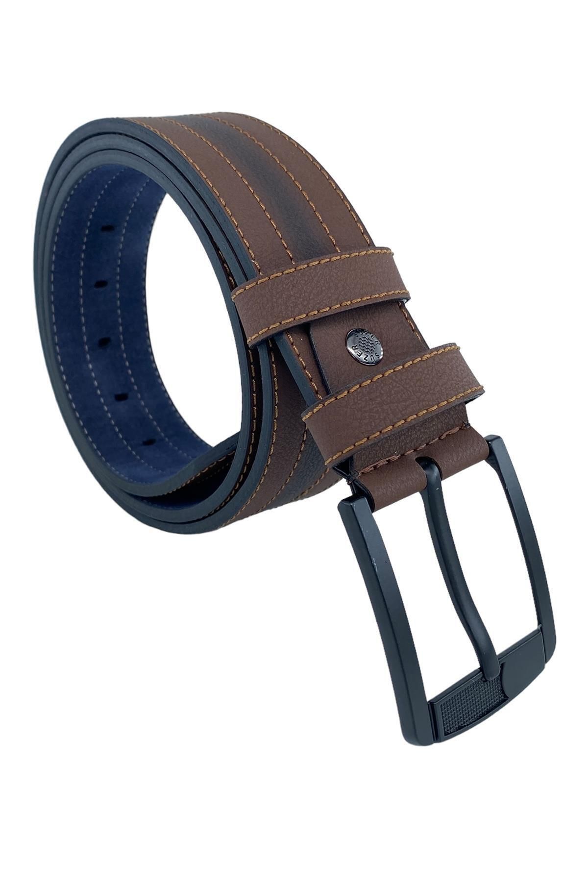4.5 cm. Spor Suni Deri Ortası Sarı Dikişli Model Erkek Kemer Kahverengi