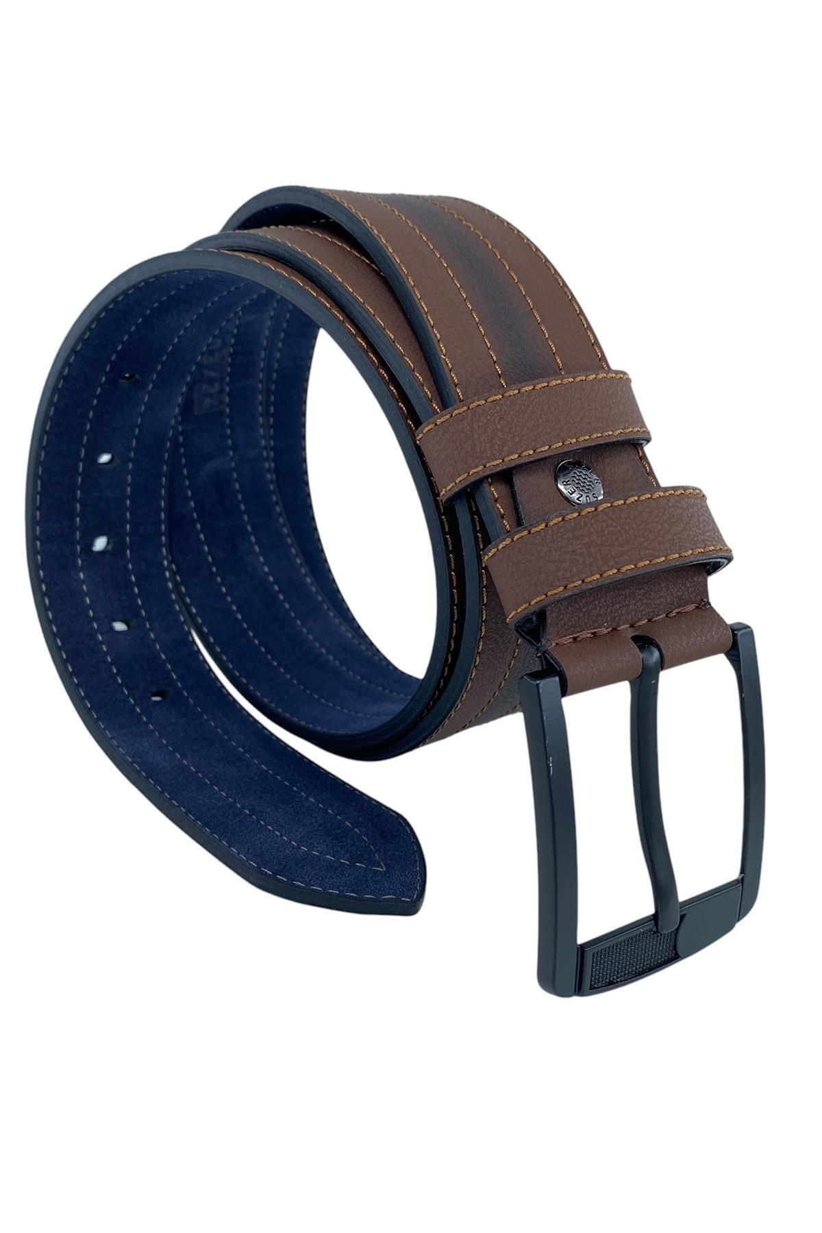 4.5 cm. Spor Suni Deri Ortası Sarı Dikişli Model Erkek Kemer Kahverengi