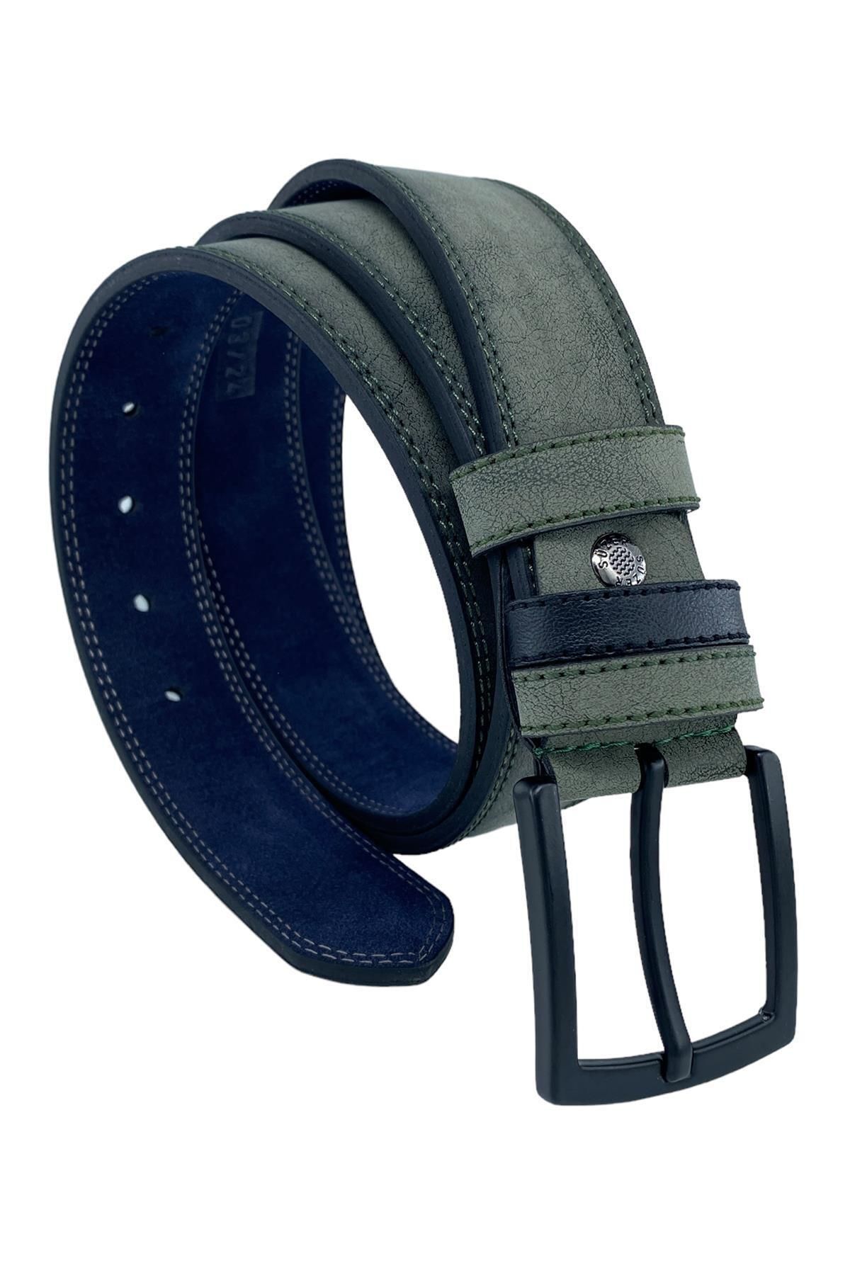 Haki Yeşil Süet Suni Deri Çift Dikişli Model 4 cm.lik Unisex Spor Kemer - 9010-10