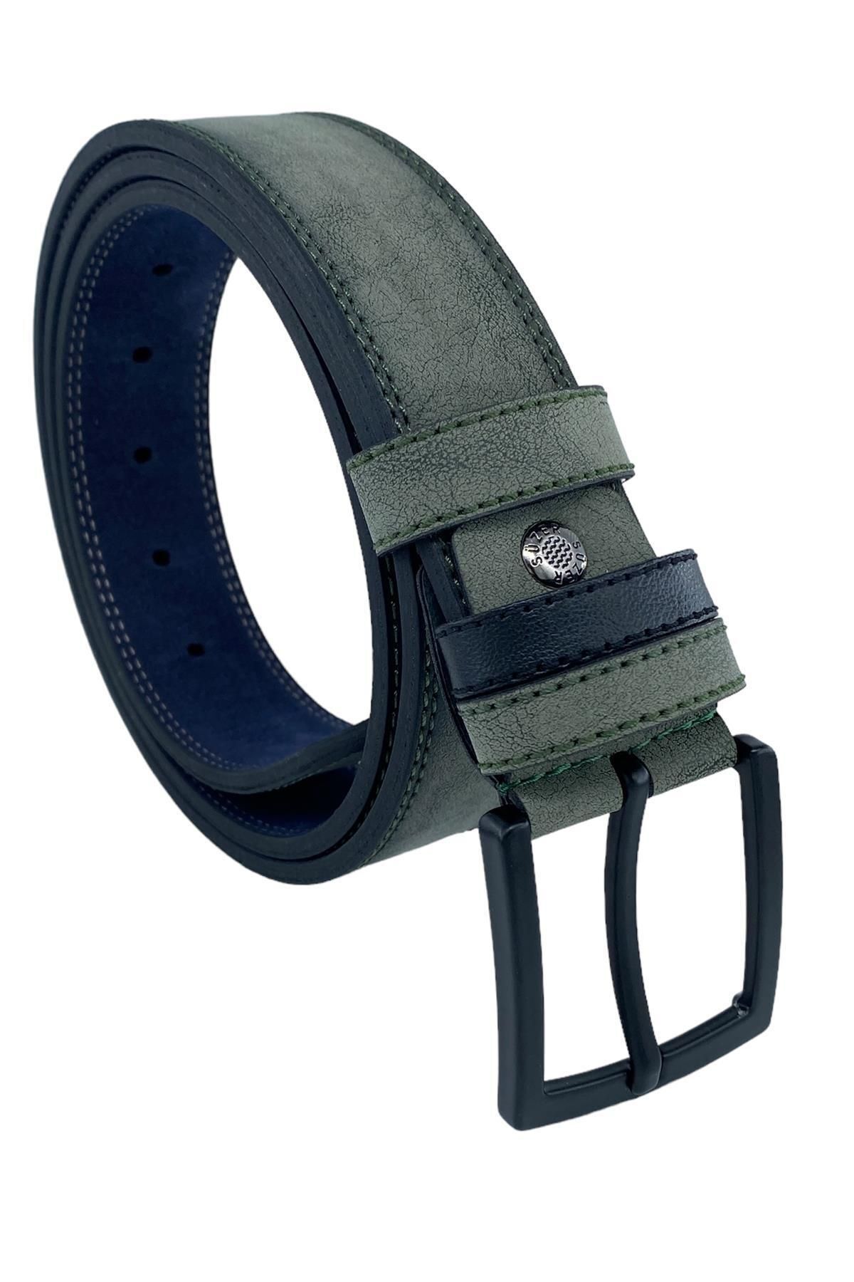 Haki Yeşil Süet Suni Deri Çift Dikişli Model 4 cm.lik Unisex Spor Kemer - 9010-10