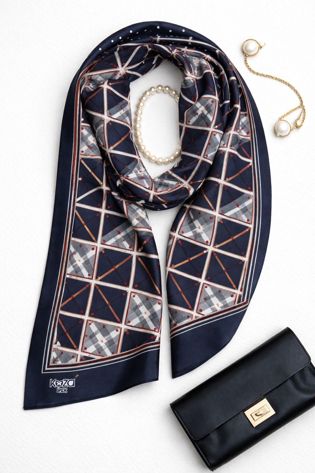 Bilmar İpek Vual Desenli Fular Bandana Estascarf 50 X 50 Cm/SIYAH/Siyah Puantiye