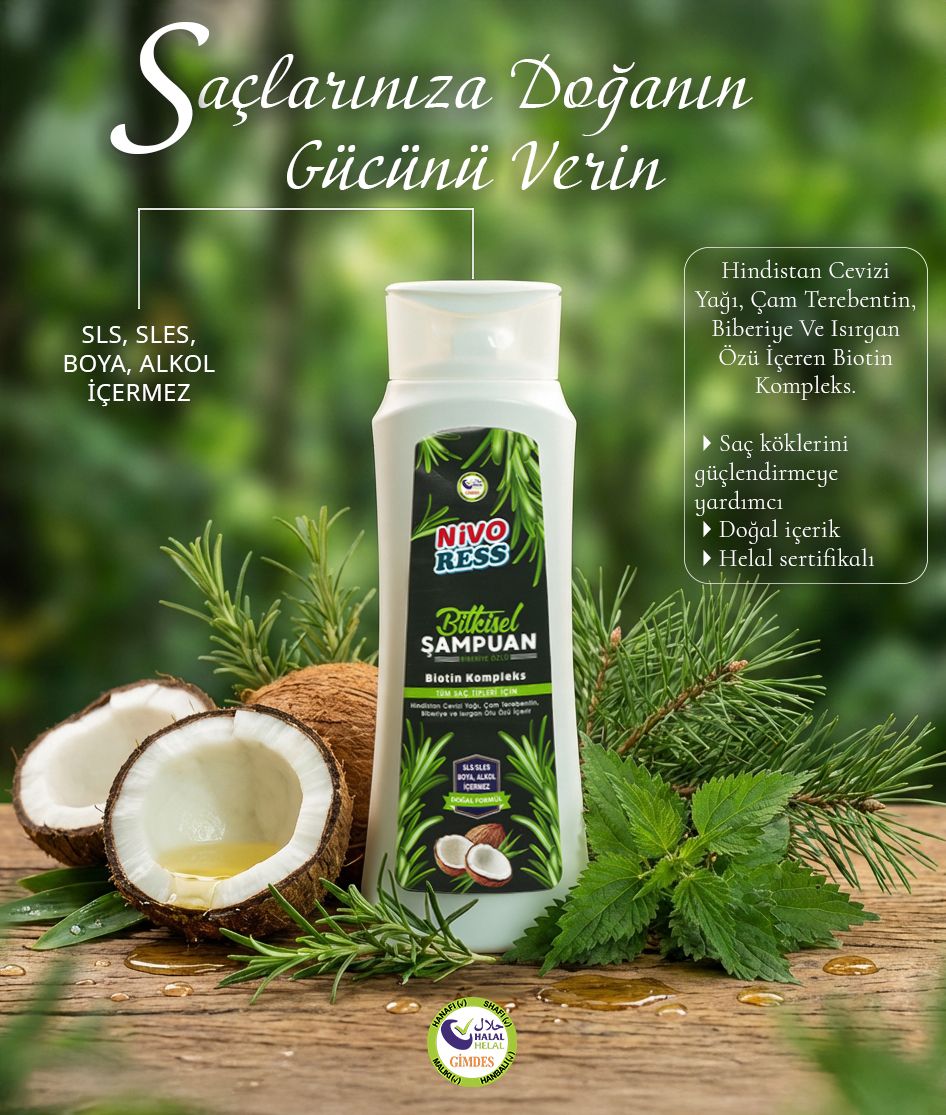 NIVORESS Biberiye Özlü Bitkisel Şampuan 400ML – Tüm Saç Tipleri İçin, Biotin ve Doğal İç