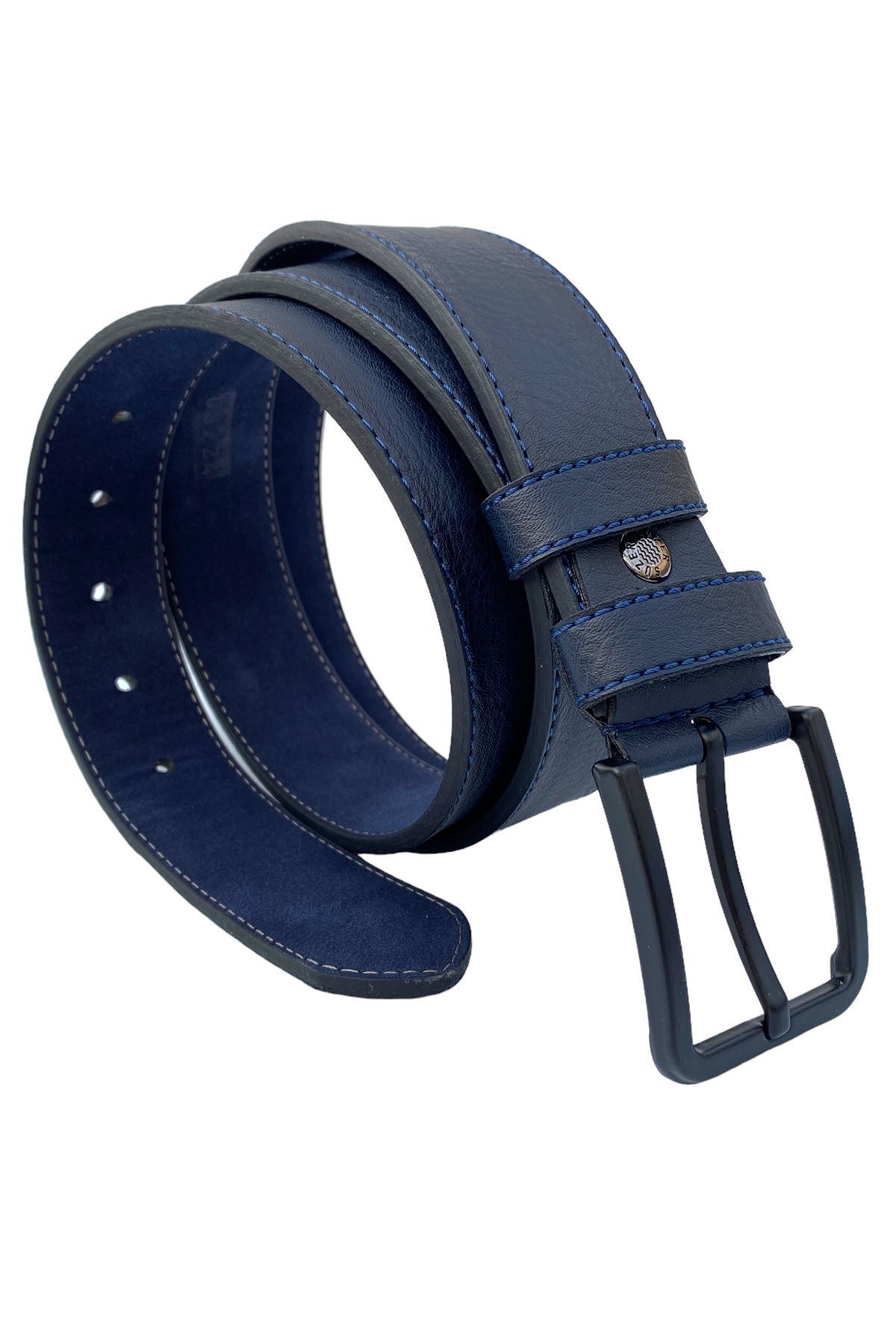 Lacivert Suni Deri Mavi Dikişli Model 4 cm.lik Unisex Spor Kemer - 9047