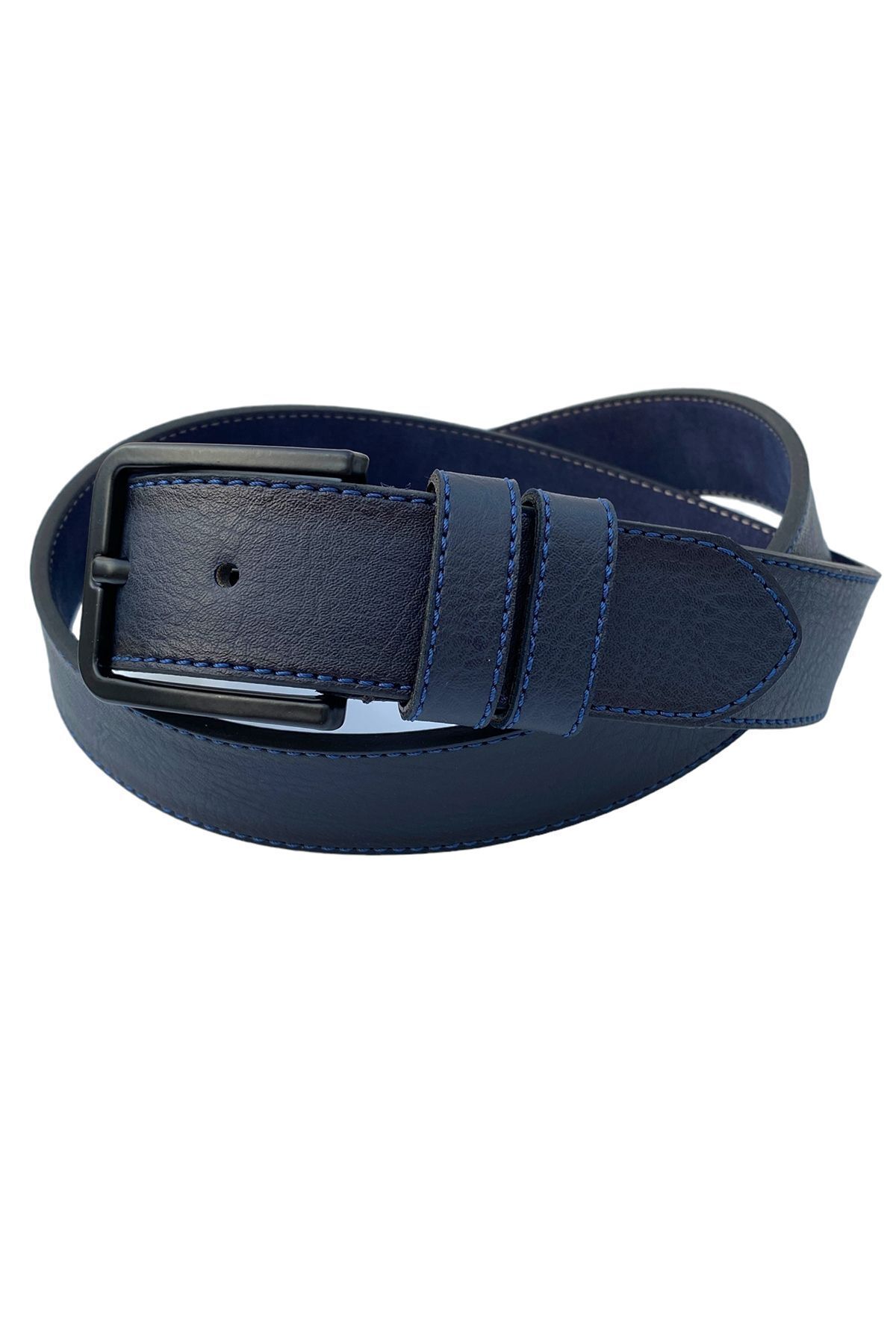 Lacivert Suni Deri Mavi Dikişli Model 4 cm.lik Unisex Spor Kemer - 9047