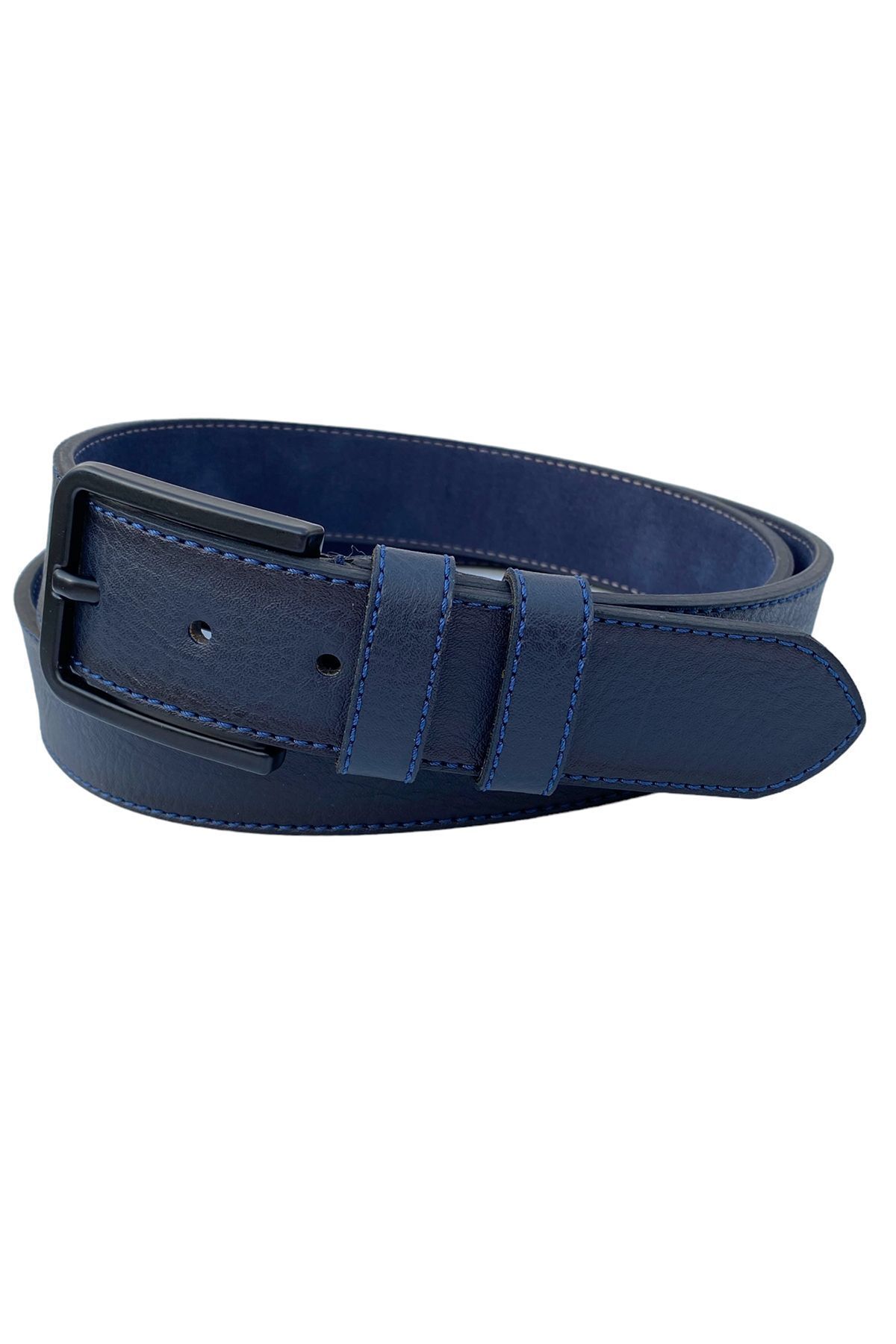 Lacivert Suni Deri Mavi Dikişli Model 4 cm.lik Unisex Spor Kemer - 9047