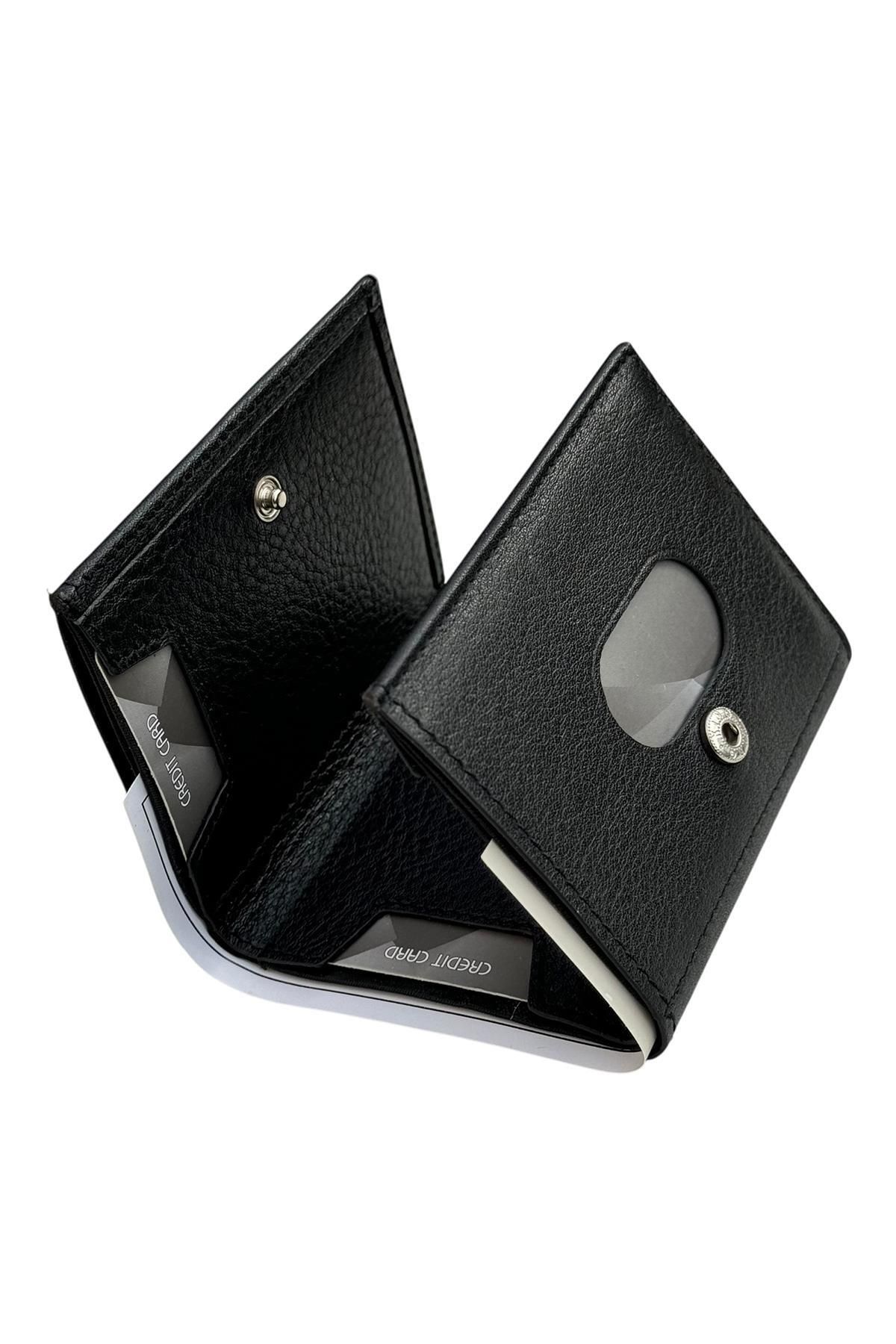 Siyah Hakiki Deri 3e Katlanan Çıtçıt Kapamalı Erkek Kredi Kartlık Mini Cüzdan