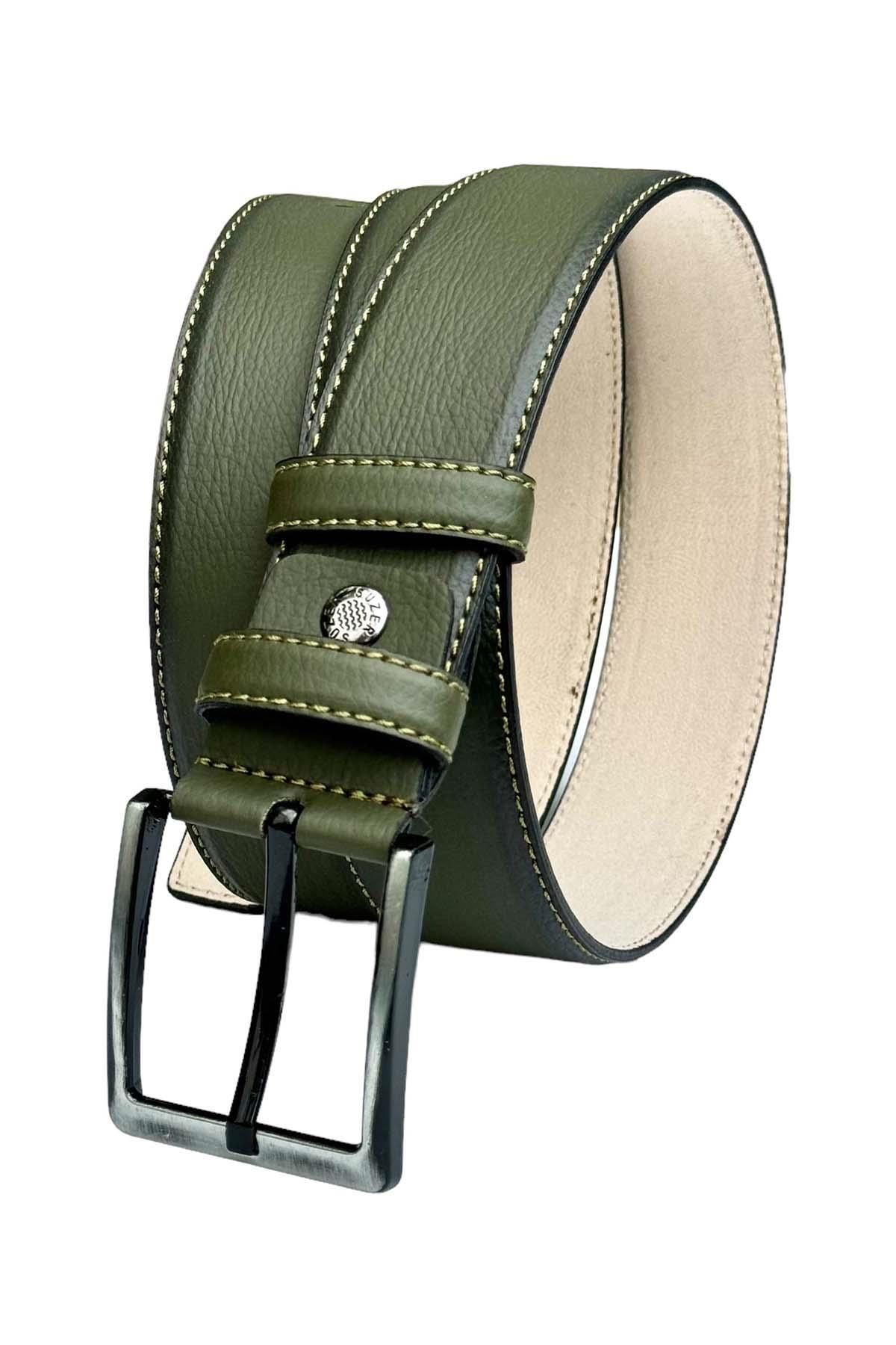 Haki Yeşil Suni Deri Dikişli 4 cm.lik Klasik Kemer - 7400-810