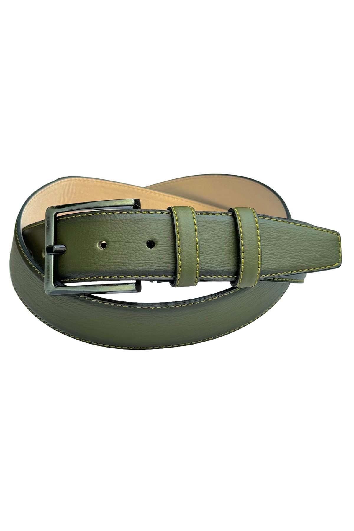 Haki Yeşil Suni Deri Dikişli 4 cm.lik Klasik Kemer - 7400-810