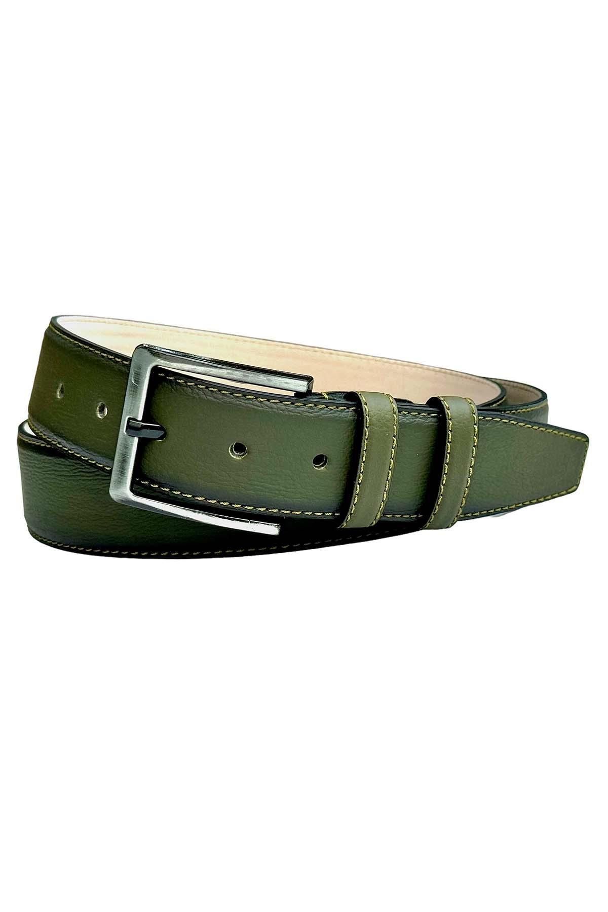 Haki Yeşil Suni Deri Dikişli 4 cm.lik Klasik Kemer - 7400-810