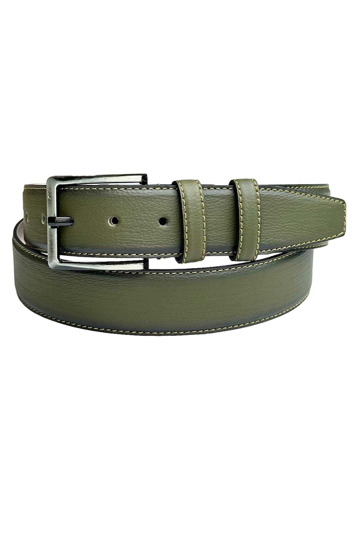 Haki Yeşil Suni Deri Dikişli 4 cm.lik Klasik Kemer - 7400-810