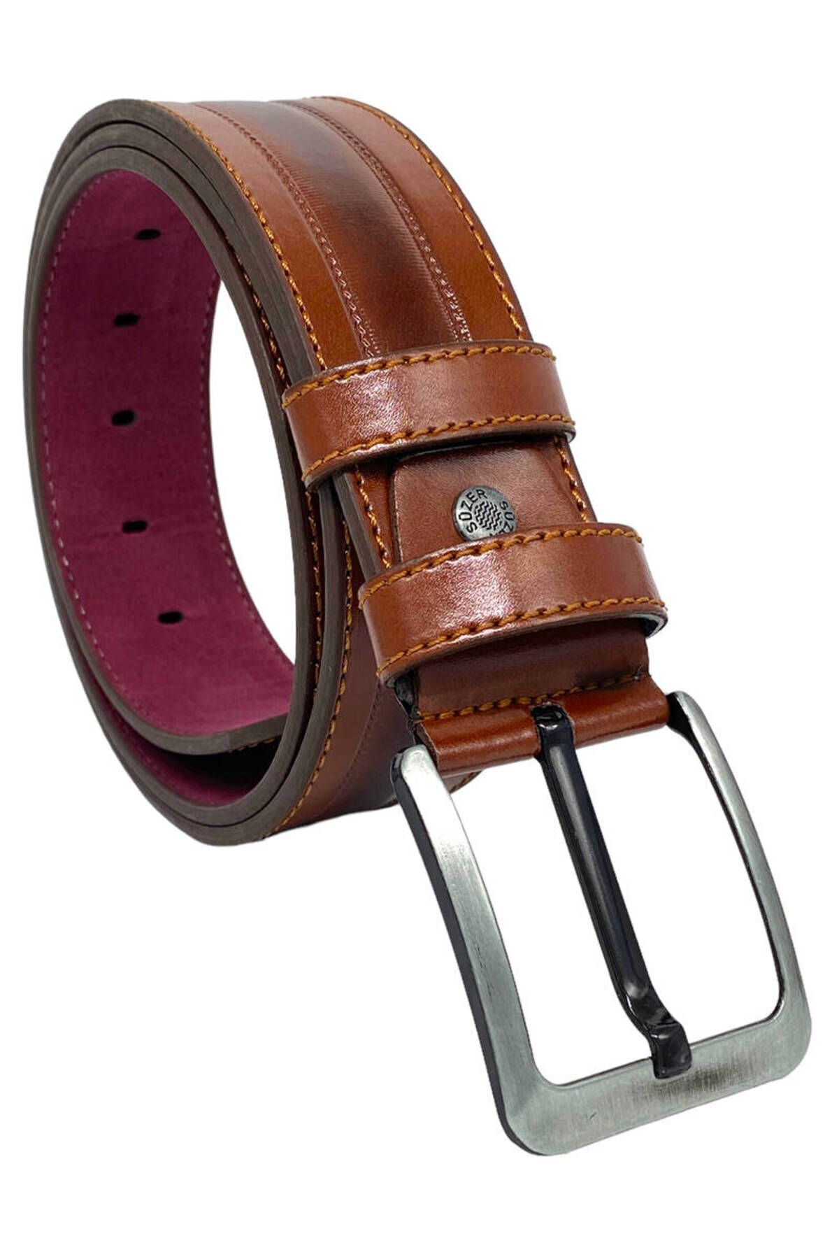 Taba Suni Deri Dikişli Model 4.5 Cm.lik Spor Kot Kemer - 4523-61-22ks