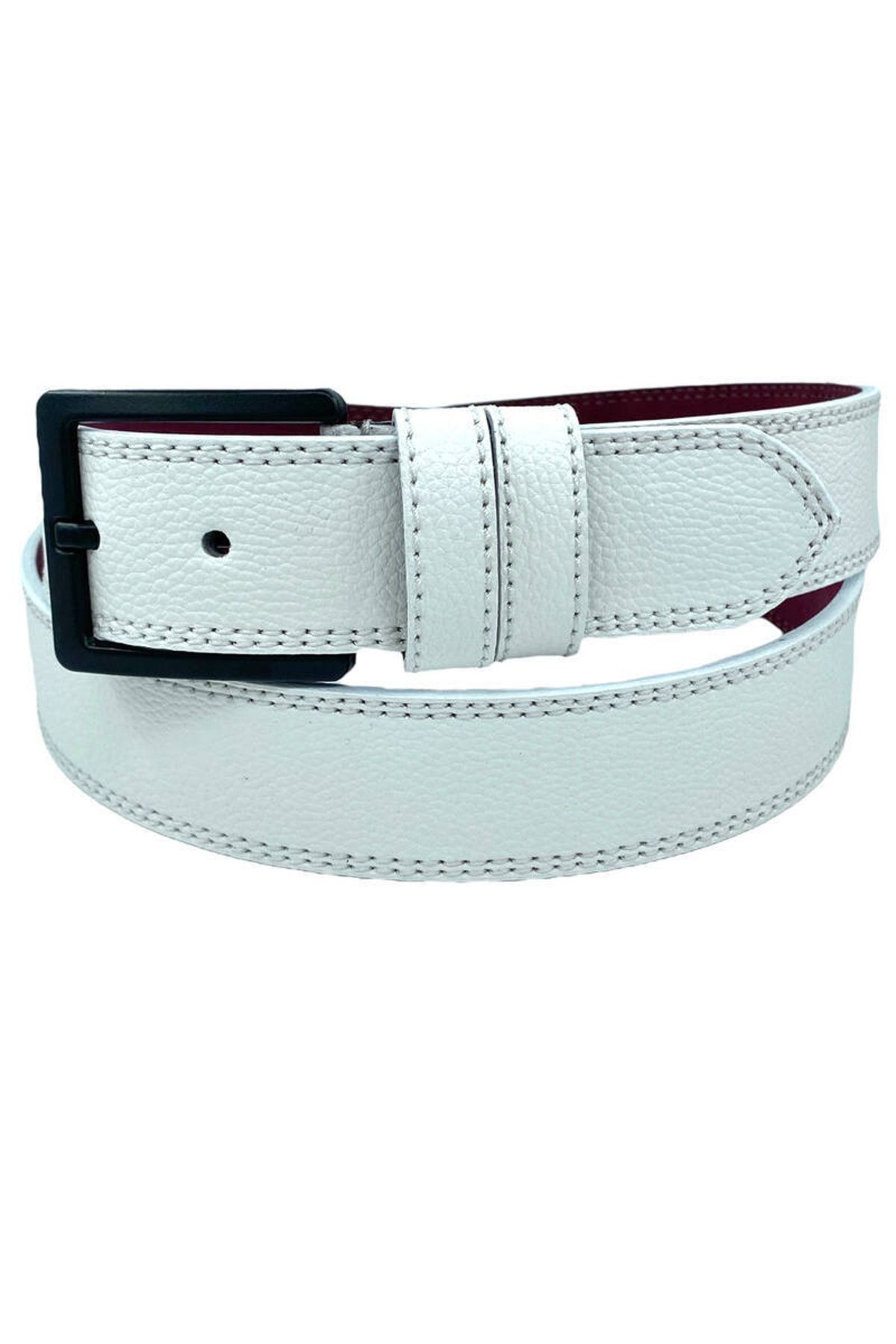 Beyaz Suni Deri Çift Dikişli Model 4 Cm.lik Spor Kemer - 9016-10-22rl