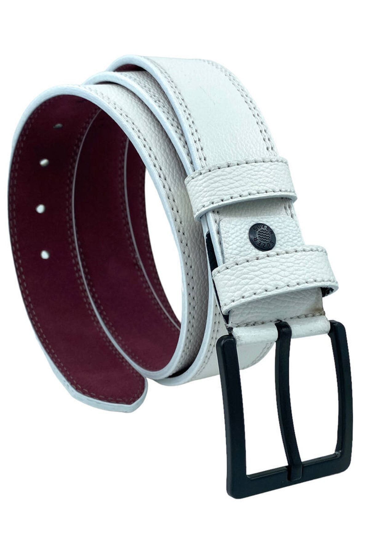 Beyaz Suni Deri Çift Dikişli Model 4 Cm.lik Spor Kemer - 9016-10-22rl