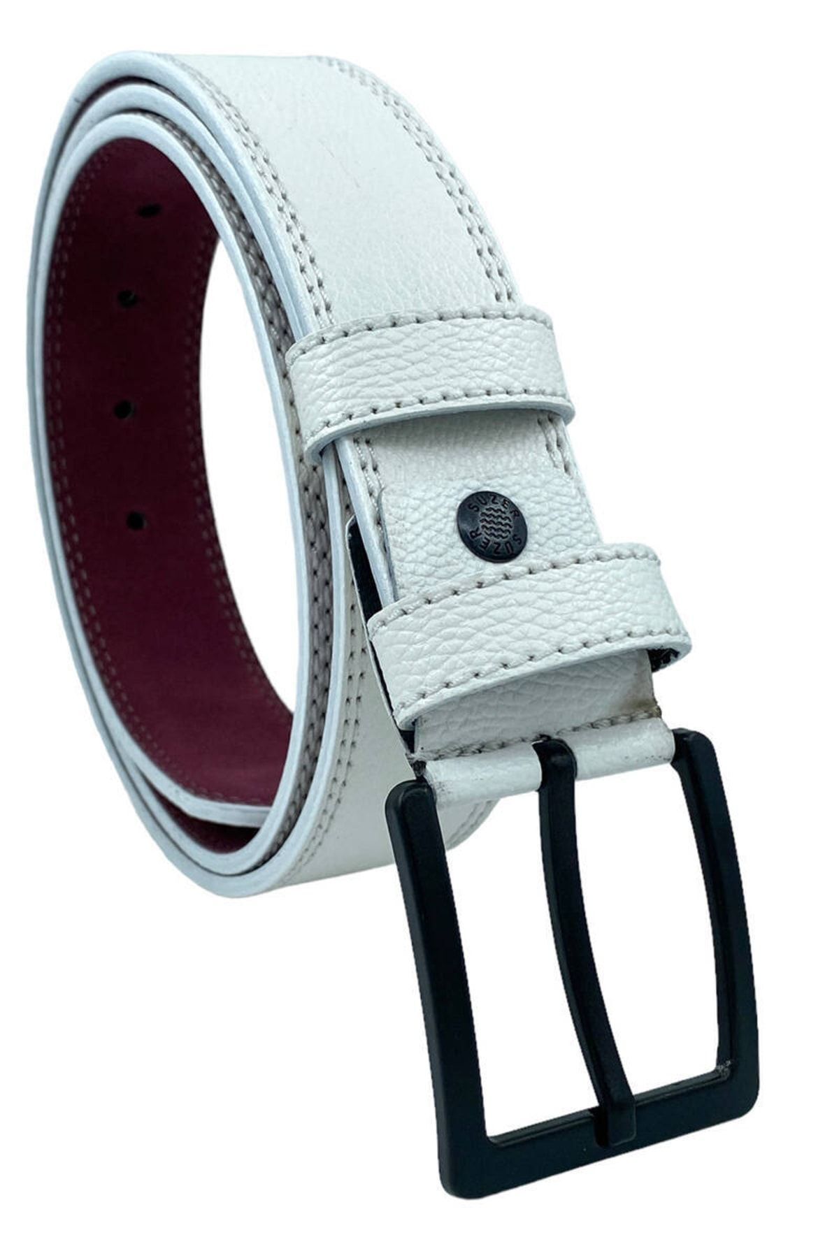 Beyaz Suni Deri Çift Dikişli Model 4 Cm.lik Spor Kemer - 9016-10-22rl