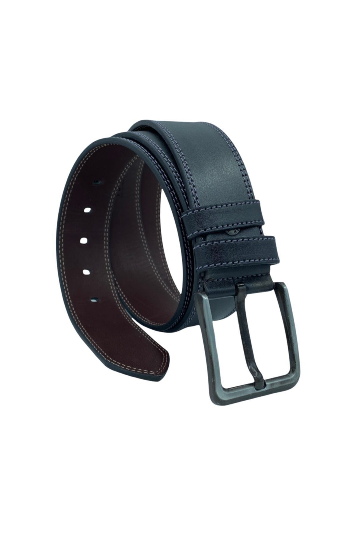 3xadet 4.5 Cm Siyah Spor Suni Deri Kemer Siyah-lacivert-gri Çift Dikişli