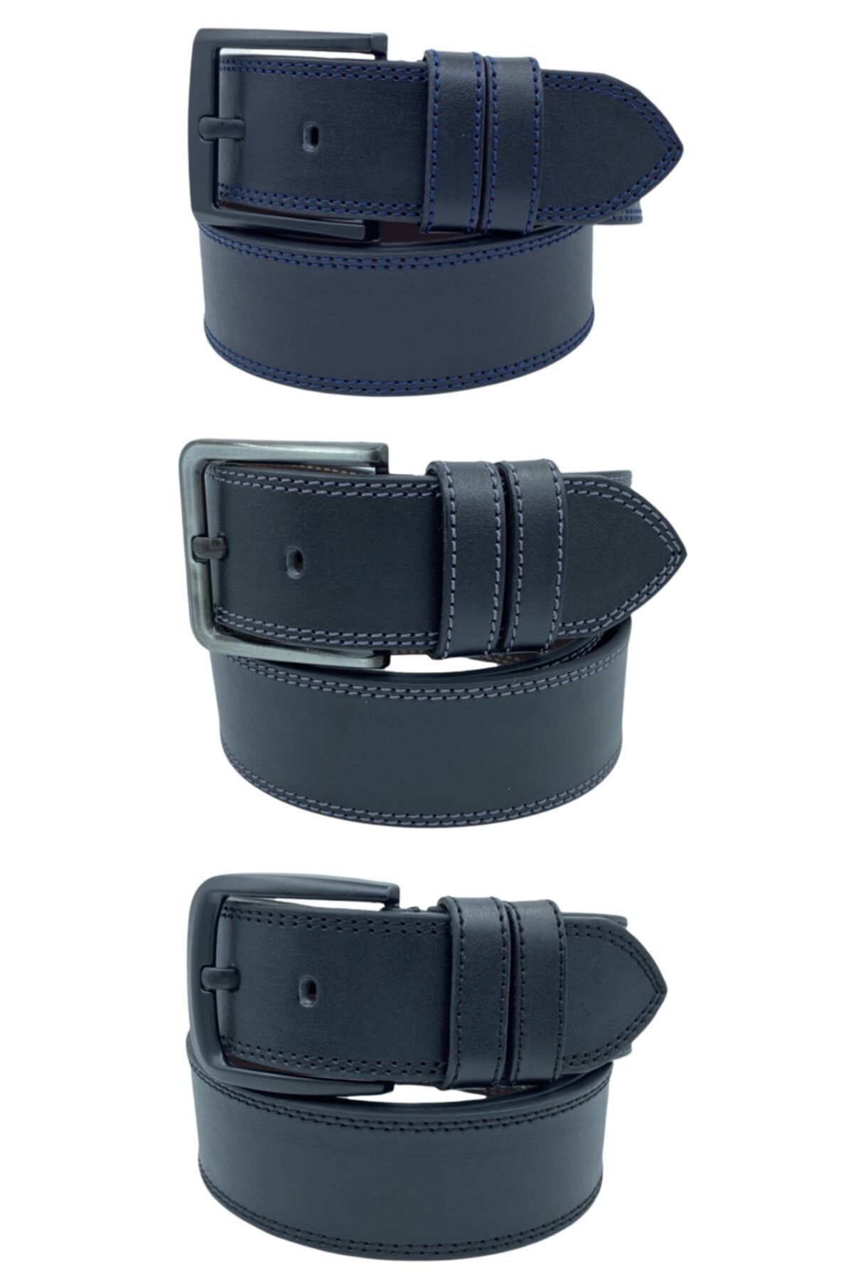 3xadet 4.5 Cm Siyah Spor Suni Deri Kemer Siyah-lacivert-gri Çift Dikişli