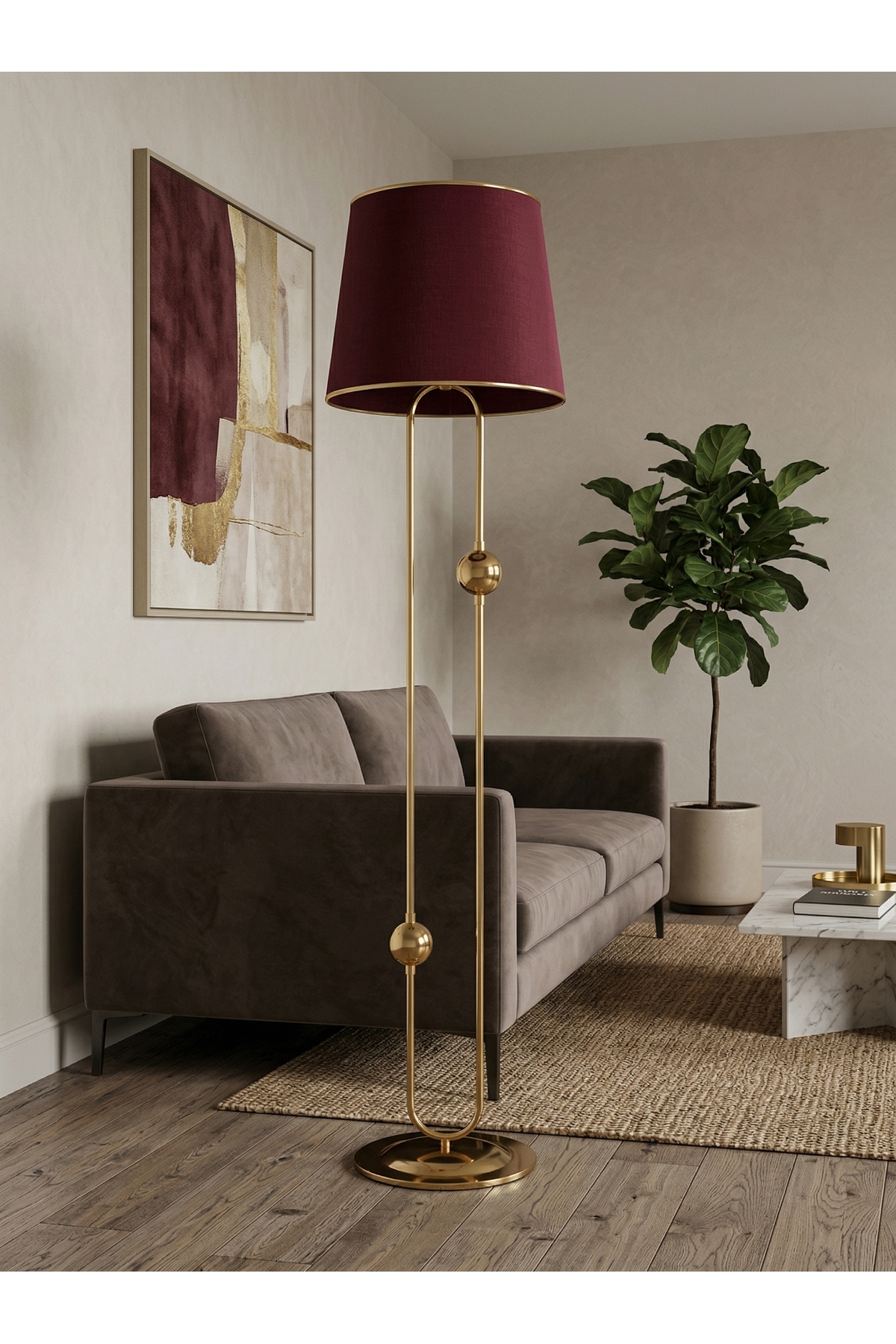 SCEPTRUM GOLD METAL LAMBADER | BORDO GOLD ŞERİT KUMAŞ BAŞLIK SALON LAMBASI | AYAKLI AYDINLATMA
