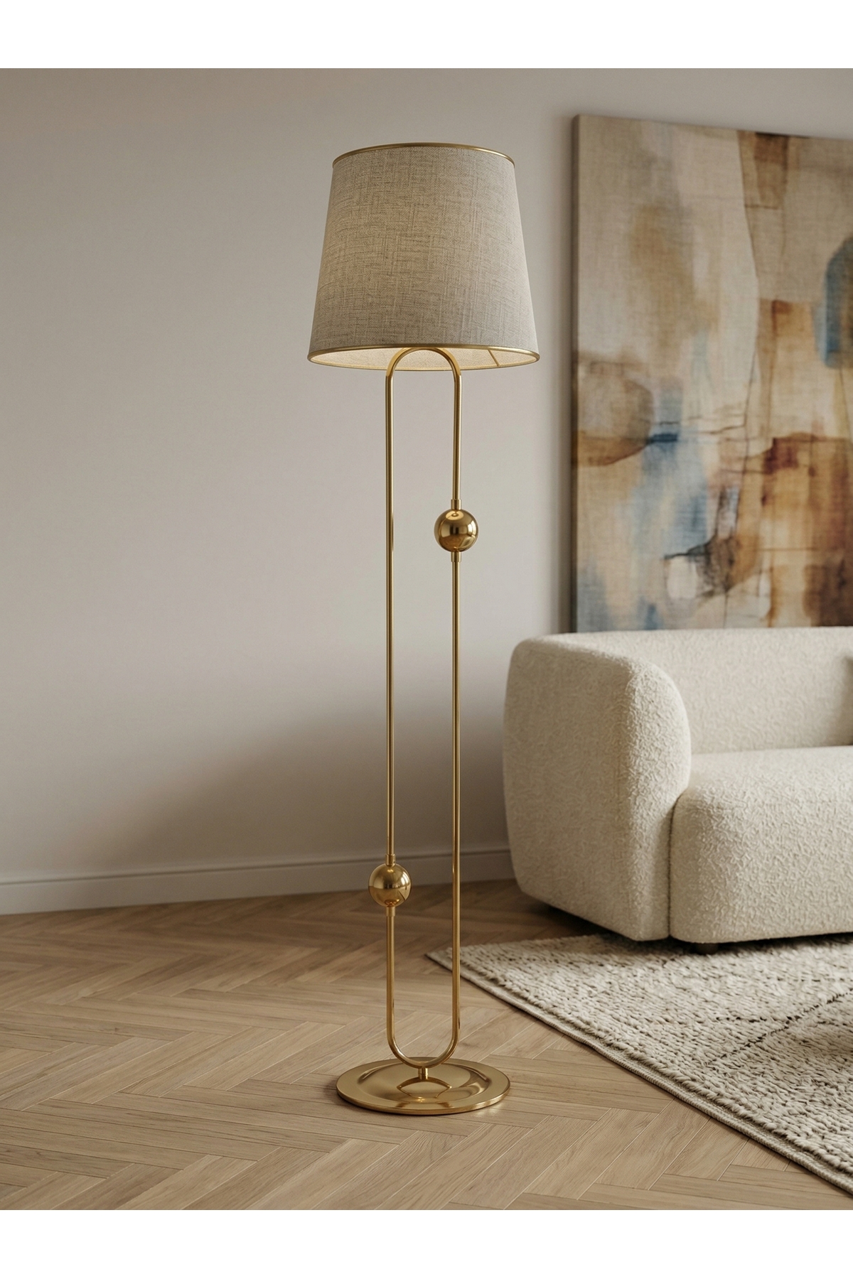 SCEPTRUM GOLD METAL LAMBADER | KETEN GOLD ŞERİT KUMAŞ BAŞLIK SALON LAMBASI | AYAKLI AYDINLATMA
