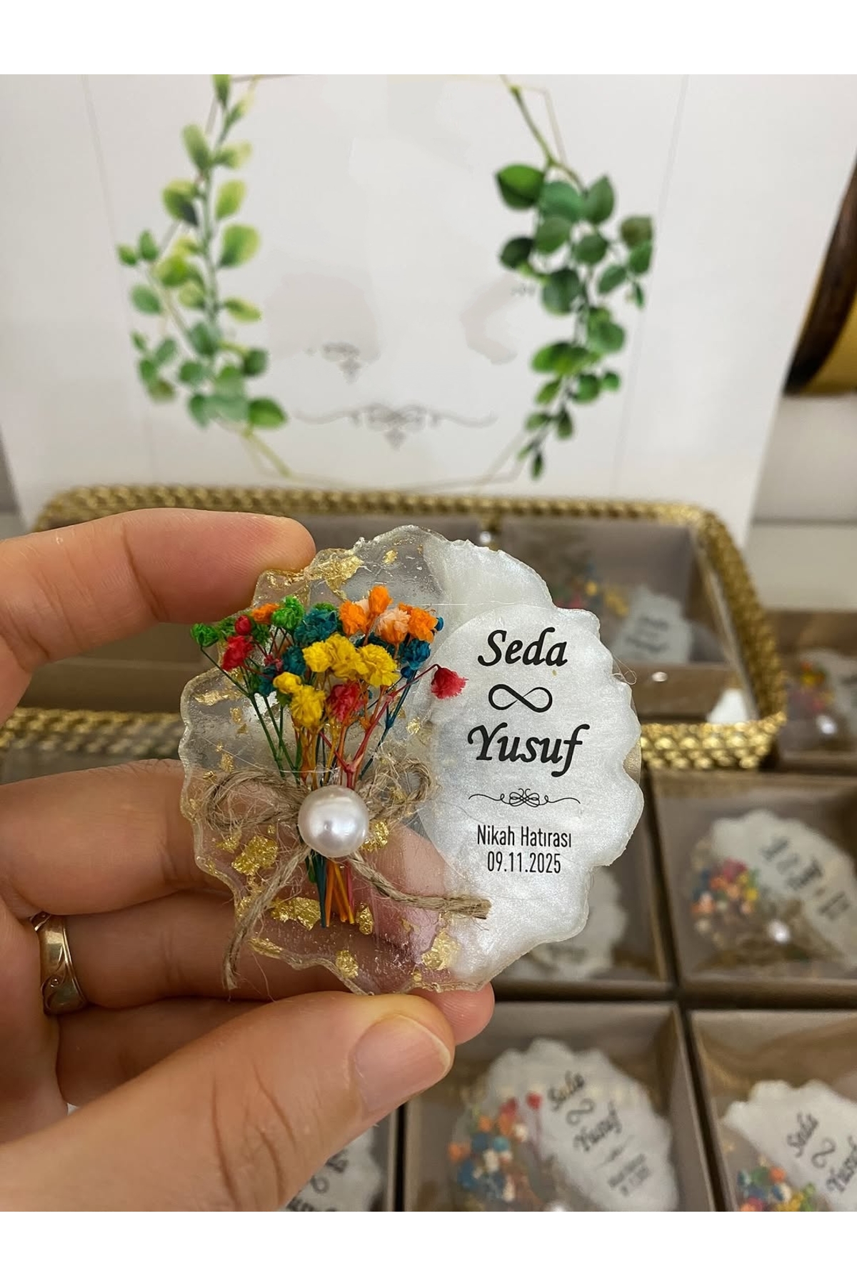 Çiçekli Epoksi Magnet Kutulu Nikah, Söz, Nişan Hediyelik - 25 Adet