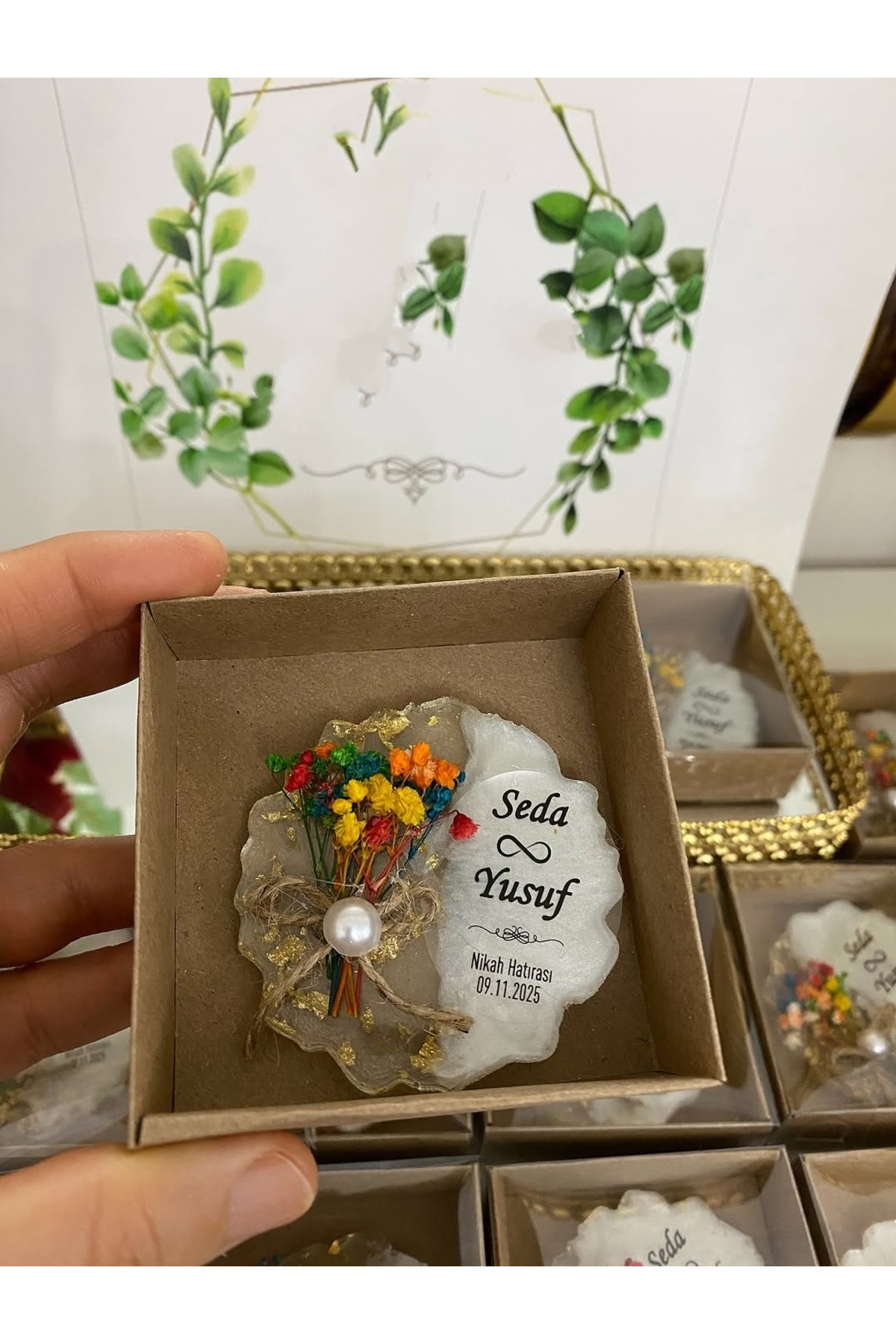 Çiçekli Epoksi Magnet Kutulu Nikah, Söz, Nişan Hediyelik - 25 Adet