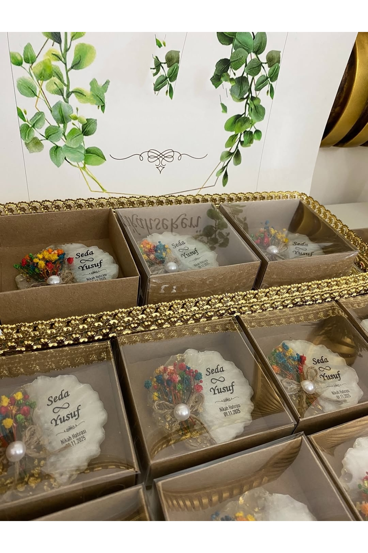 Çiçekli Epoksi Magnet Kutulu Nikah, Söz, Nişan Hediyelik - 50 Adet