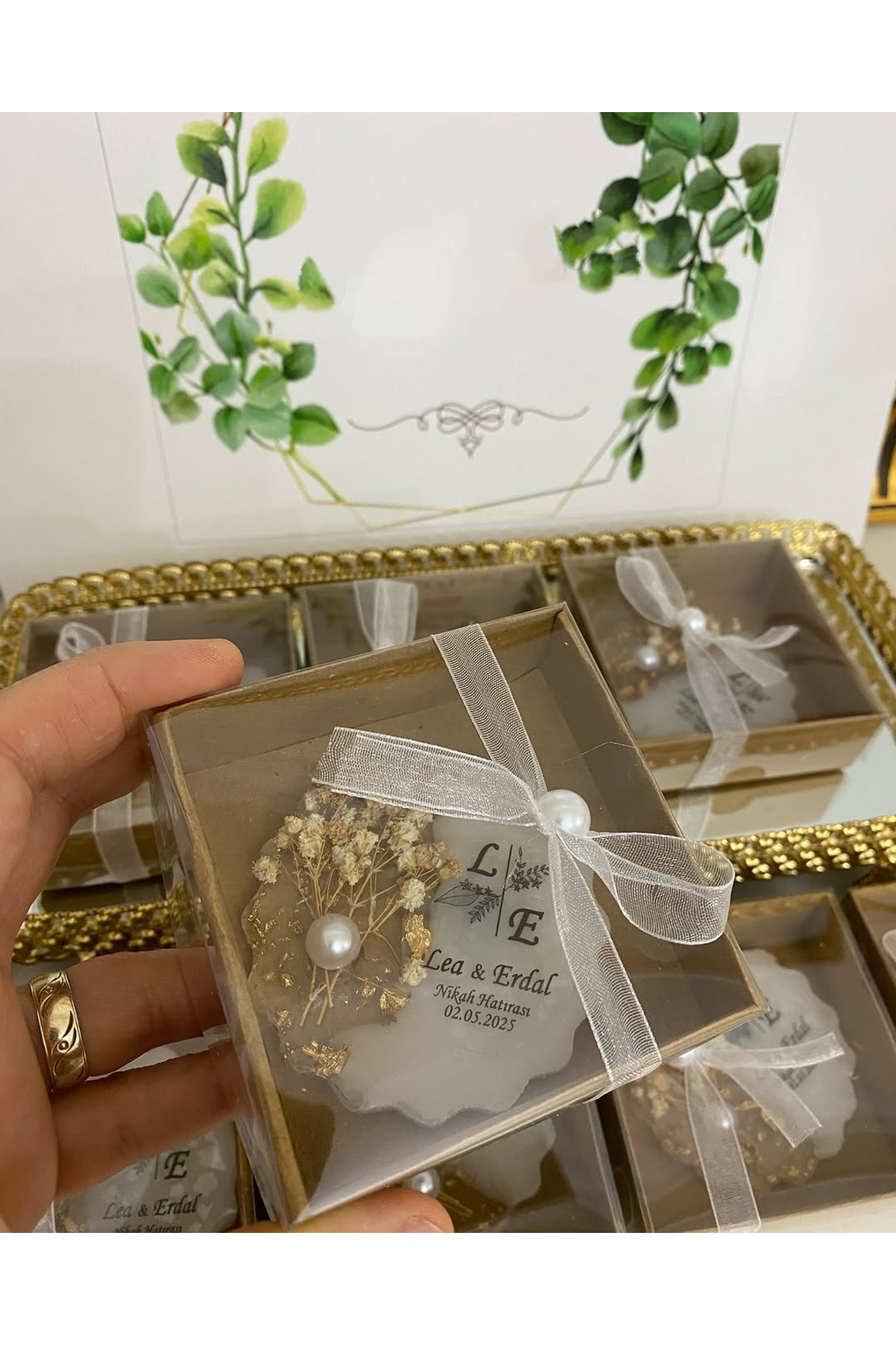 Çiçekli Epoksi Magnet Kutulu Nikah, Söz, Nişan Hediyelik - 25 Adet