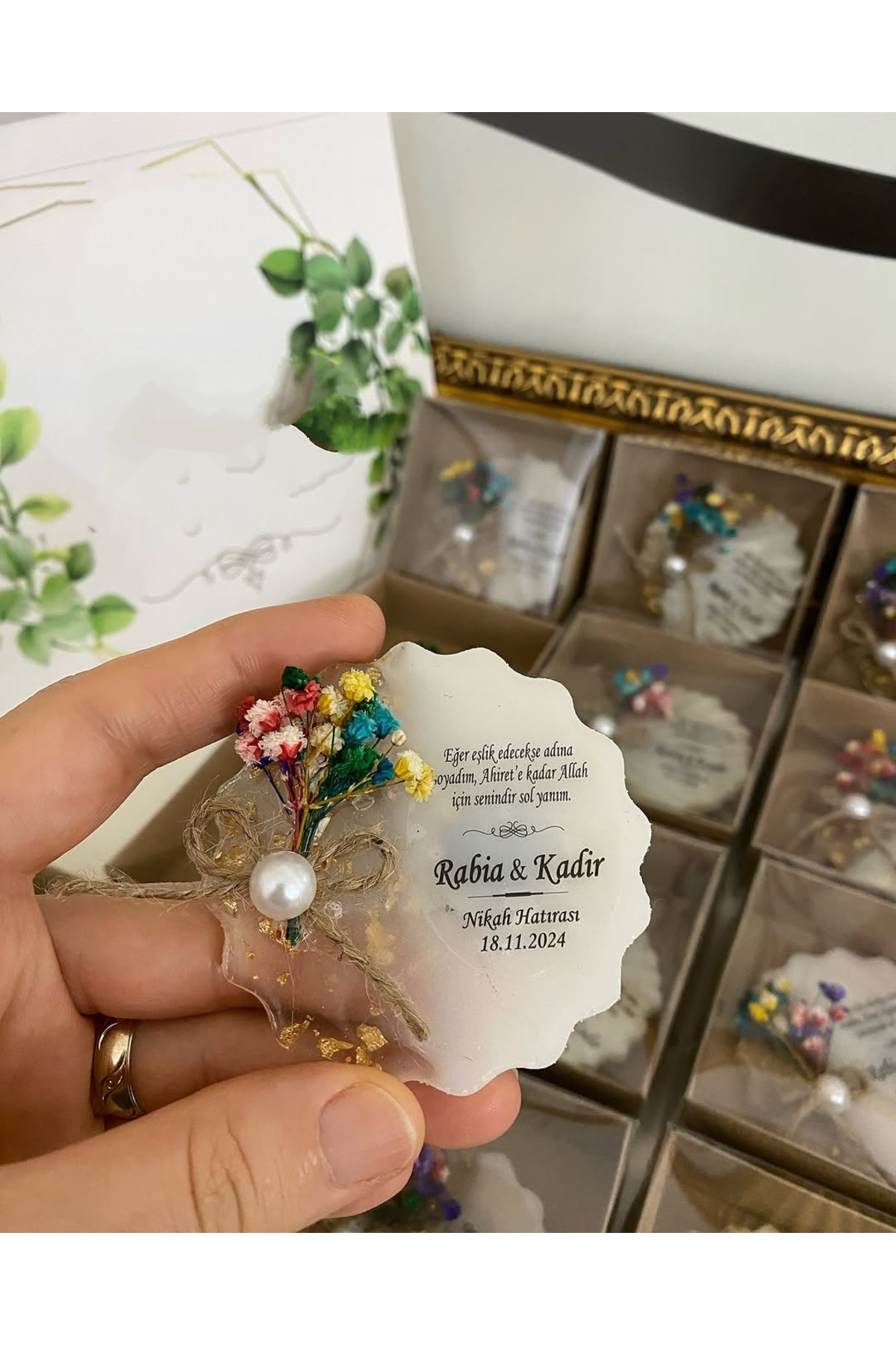 Çiçekli Epoksi Magnet Kutulu Nikah, Söz, Nişan Hediyelik - 25 Adet