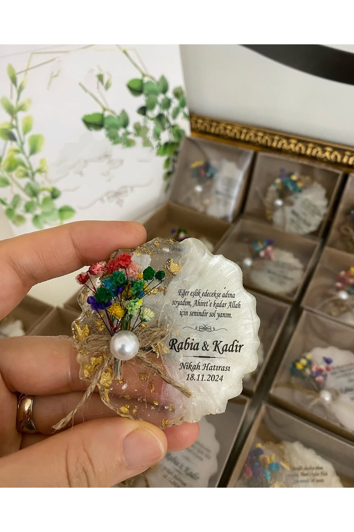 Çiçekli Epoksi Magnet Kutulu Nikah, Söz, Nişan Hediyelik - 25 Adet