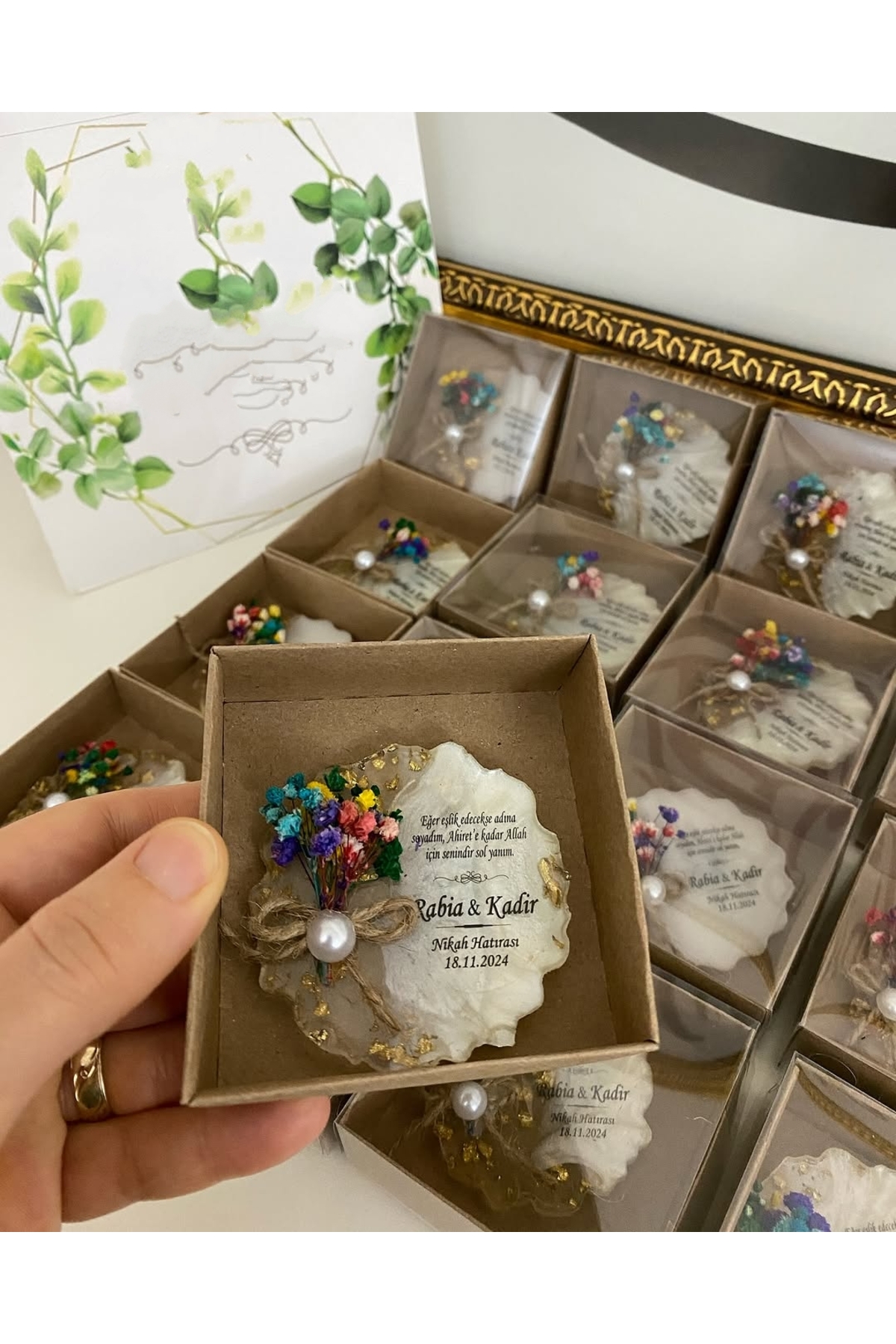 Çiçekli Epoksi Magnet Kutulu Nikah, Söz, Nişan Hediyelik - 50 Adet