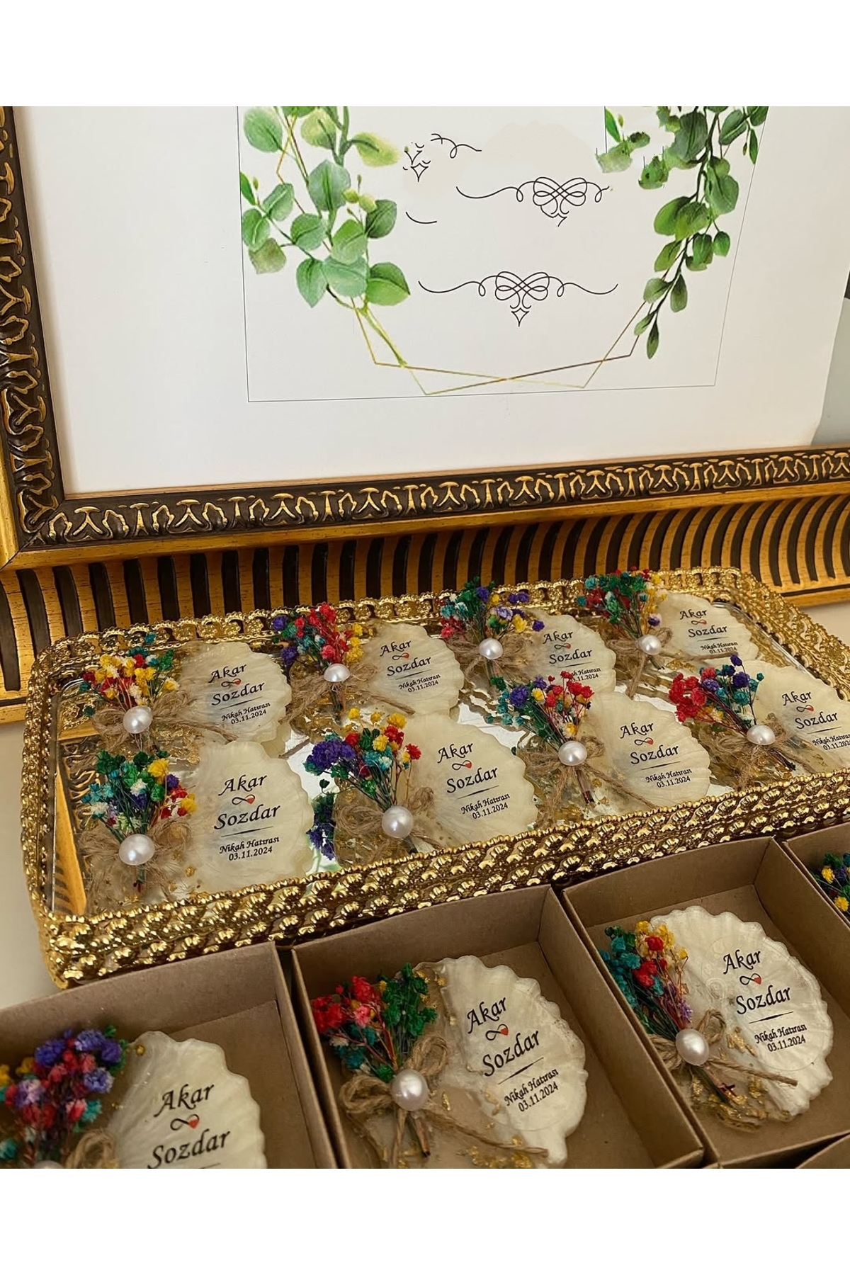 Çiçekli Epoksi Magnet Kutulu Nikah, Söz, Nişan Hediyelik - 25 Adet