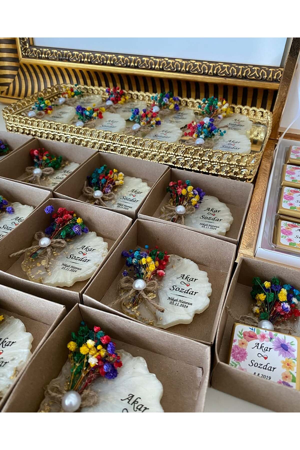 Çiçekli Epoksi Magnet Kutulu Nikah, Söz, Nişan Hediyelik - 50 Adet