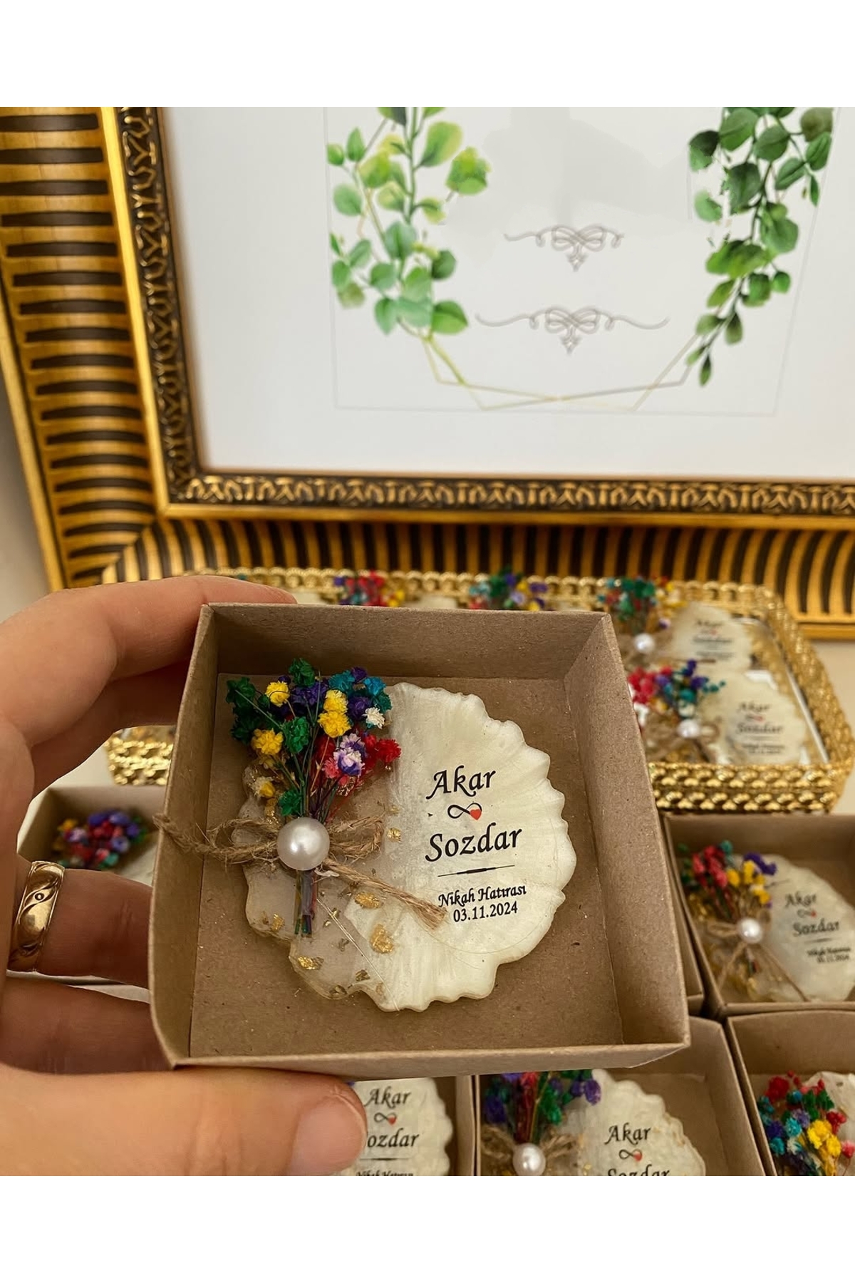 Çiçekli Epoksi Magnet Kutulu Nikah, Söz, Nişan Hediyelik - 50 Adet