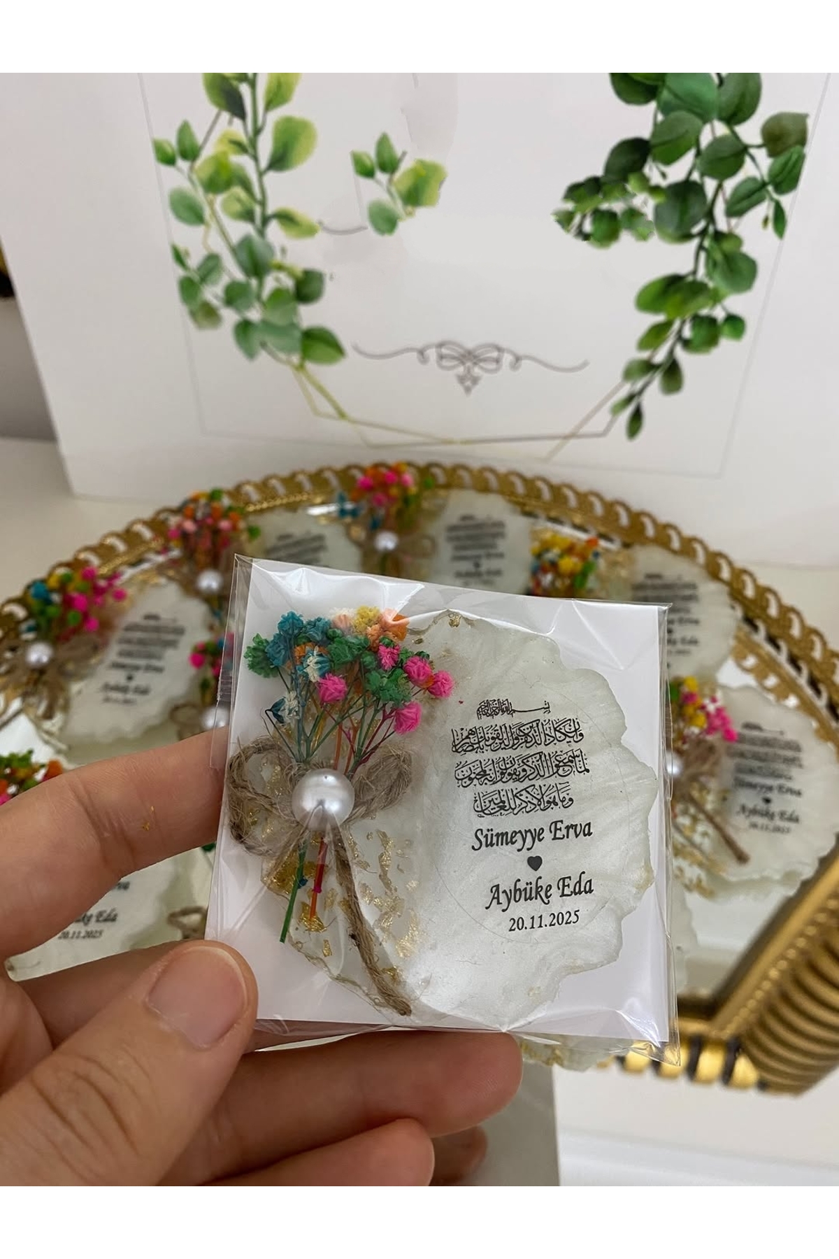 Çiçekli Epoksi Magnet Paketli Nikah, Söz, Nişan Hediyelik - 50 Adet